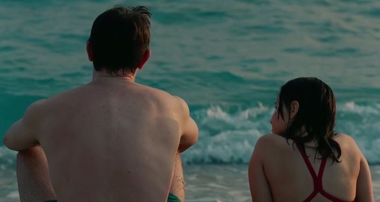 Two characters (father and daughter) sitting by the beach,