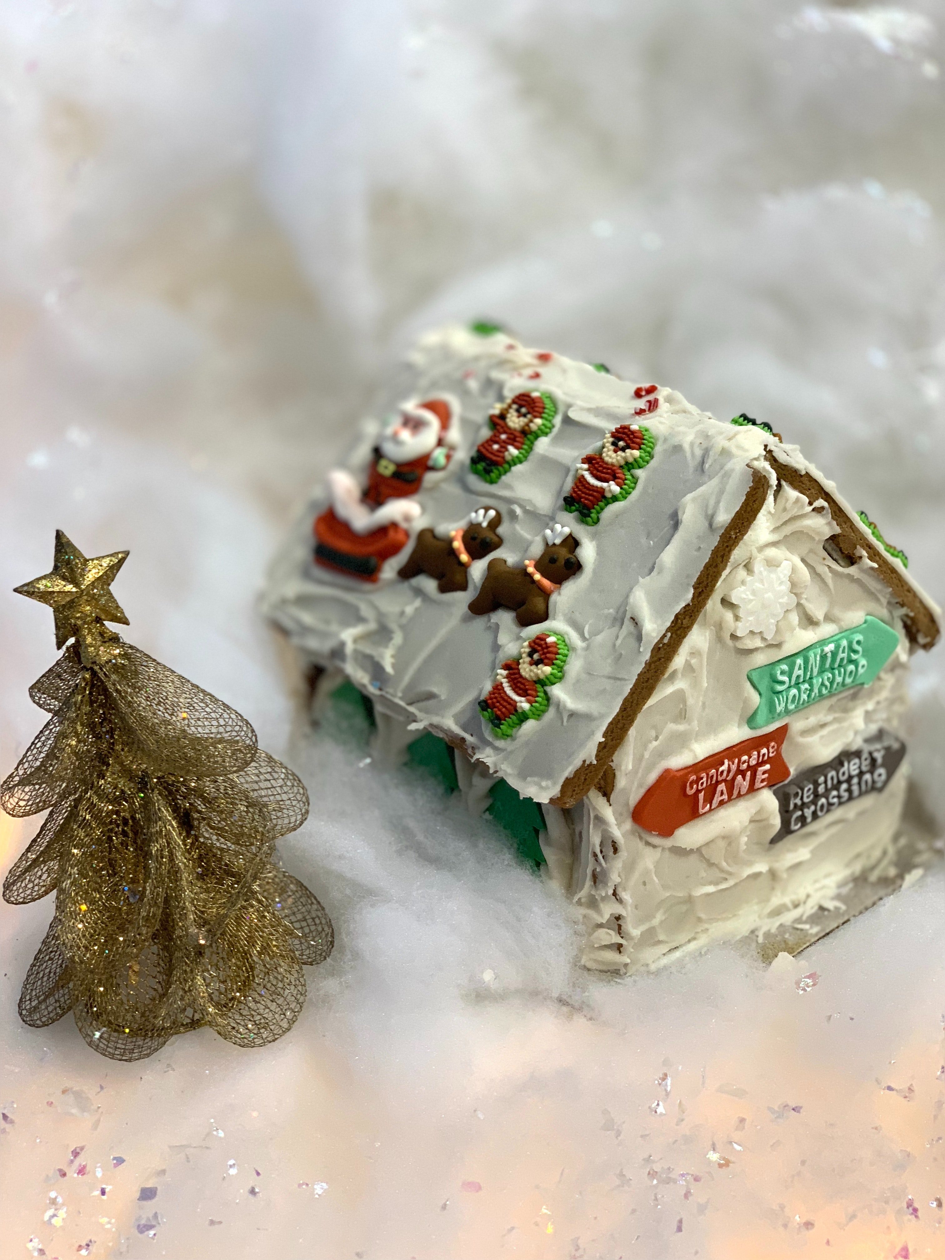 decorated gingerbread house against white background with mini christmas tree