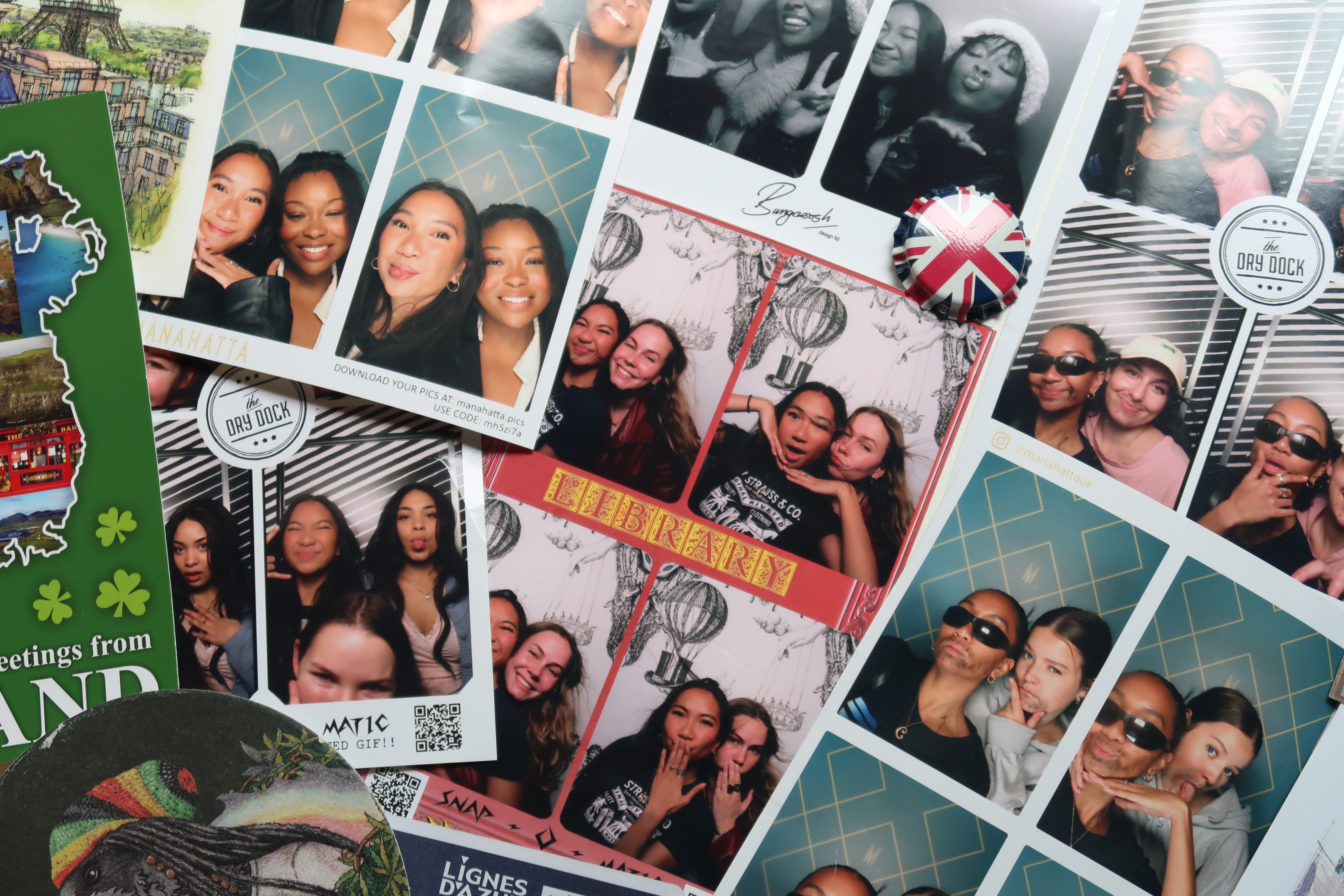 Picture collage of friends and souvenirs.