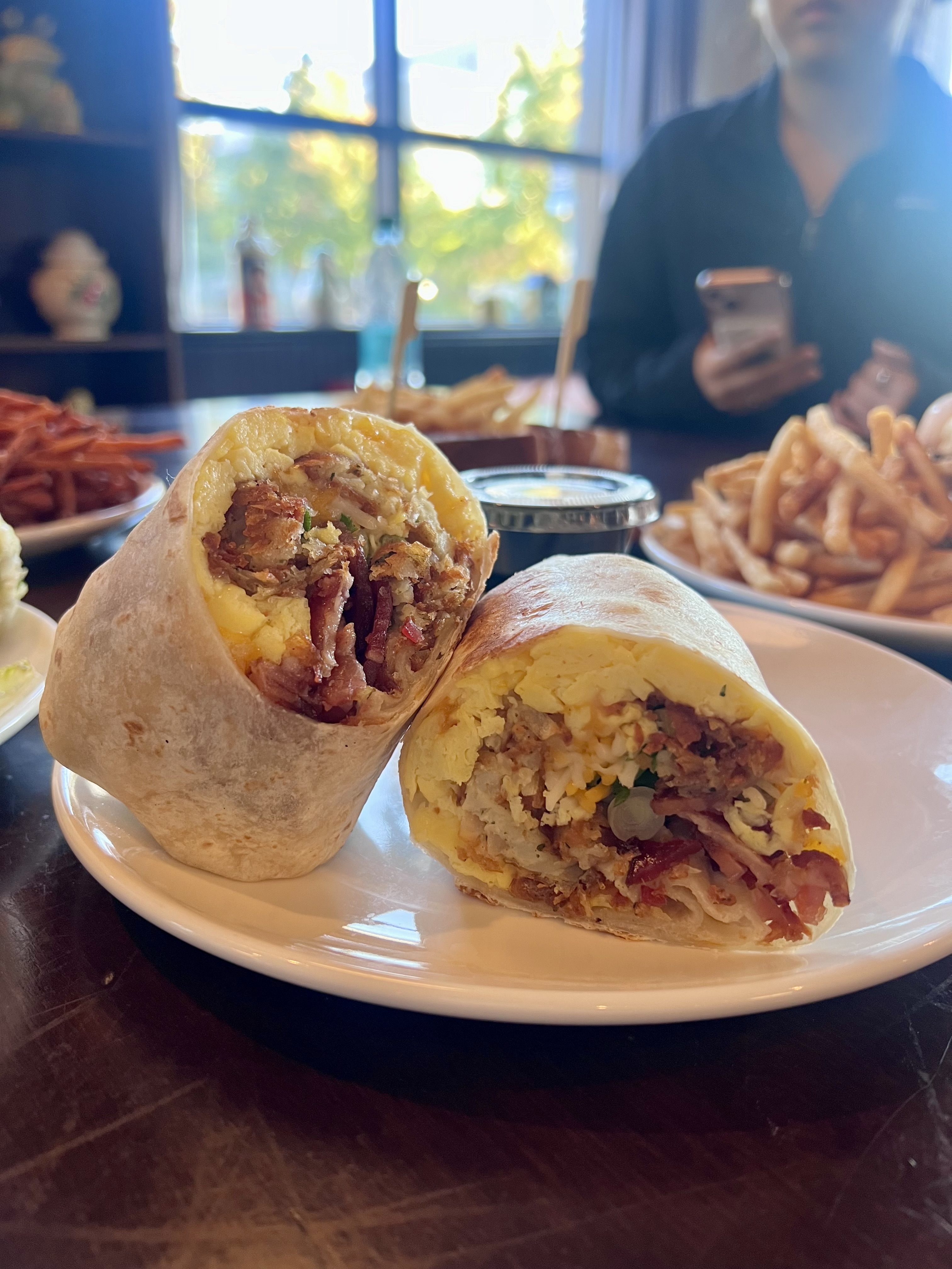 Breakfast burrito photographed in coffee house