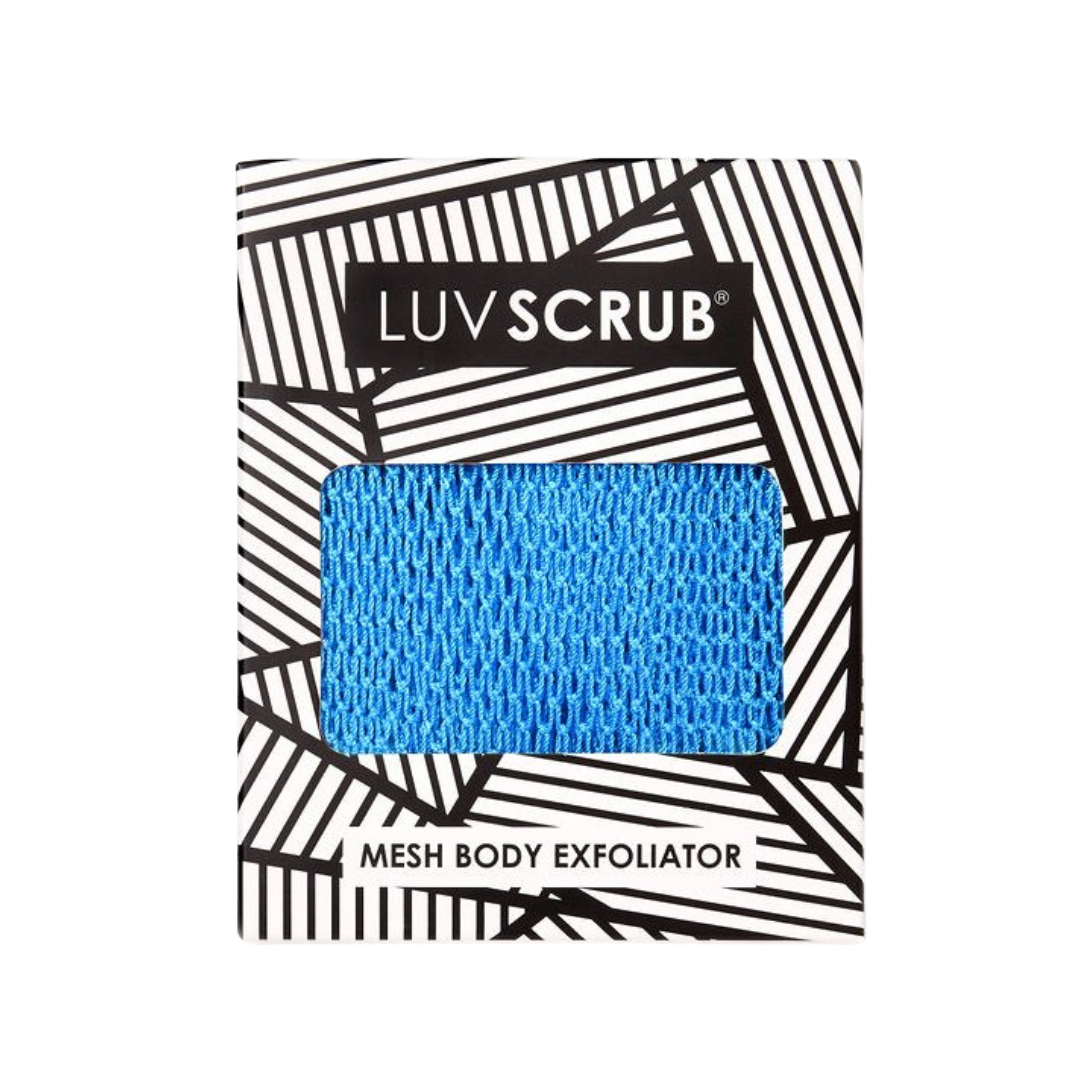 Black-and-white geometric packaging with bold lines frames a vibrant blue mesh body exfoliator. \