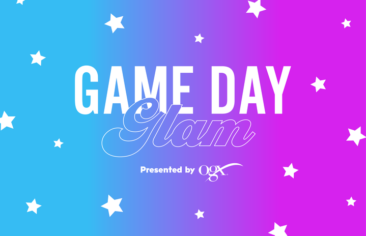 the words \"game day glam\" on a blue and pink ombre background with white star illustrations