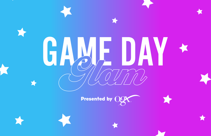 the words \"game day glam\" on a blue and pink ombre background with white star illustrations