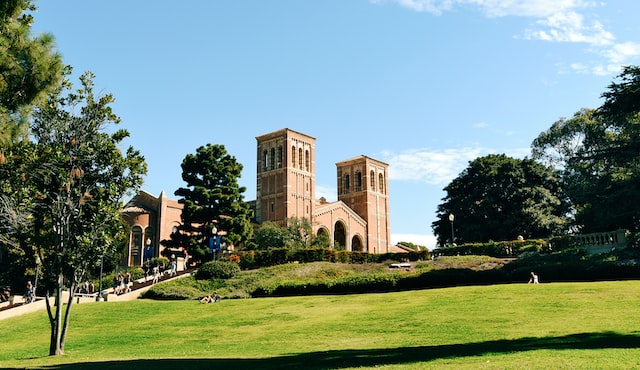 Grassy hill outside Royce Hall, blue sky, daytime.