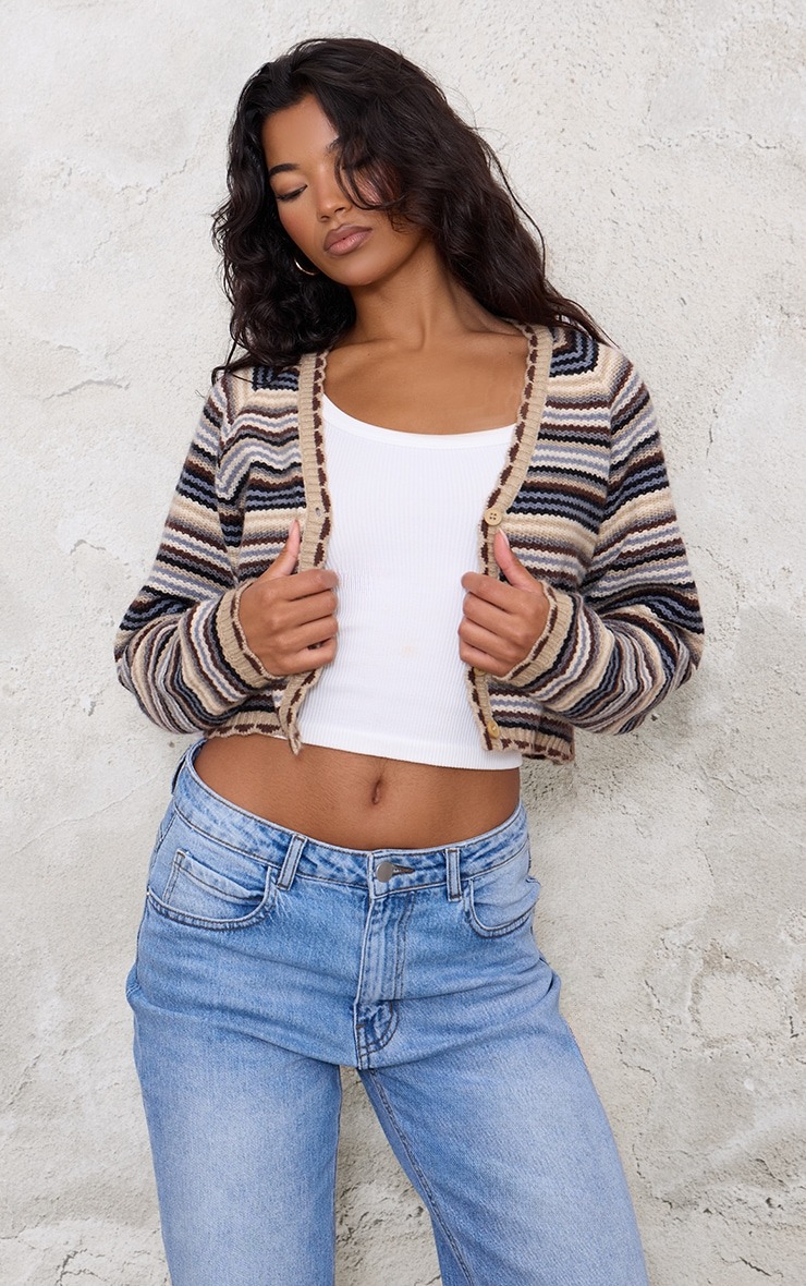 PrettyLittleThing Multi Knit Jacquard Stripe Cropped Cardigan
