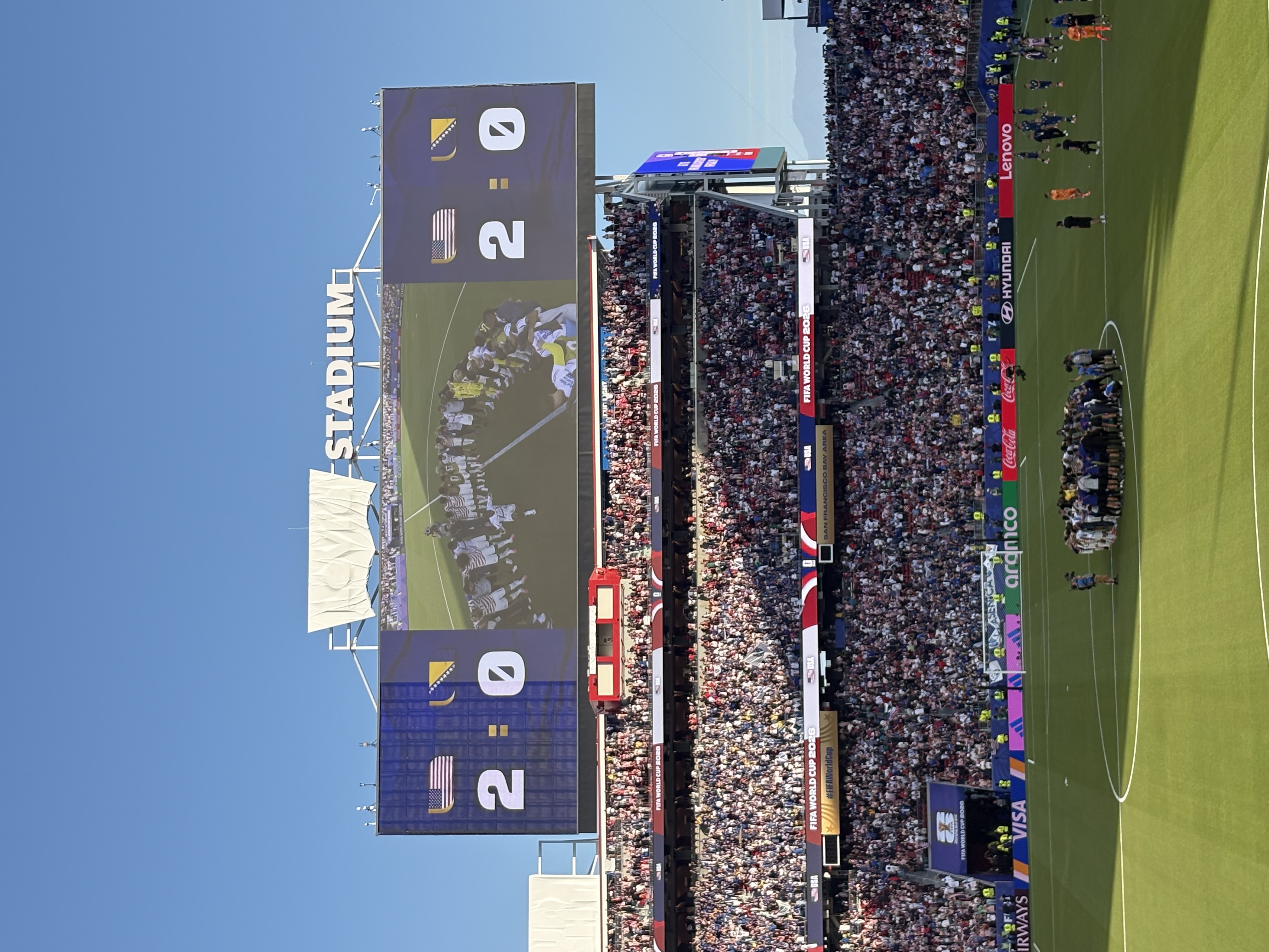 Soccer scoreboard and field with players