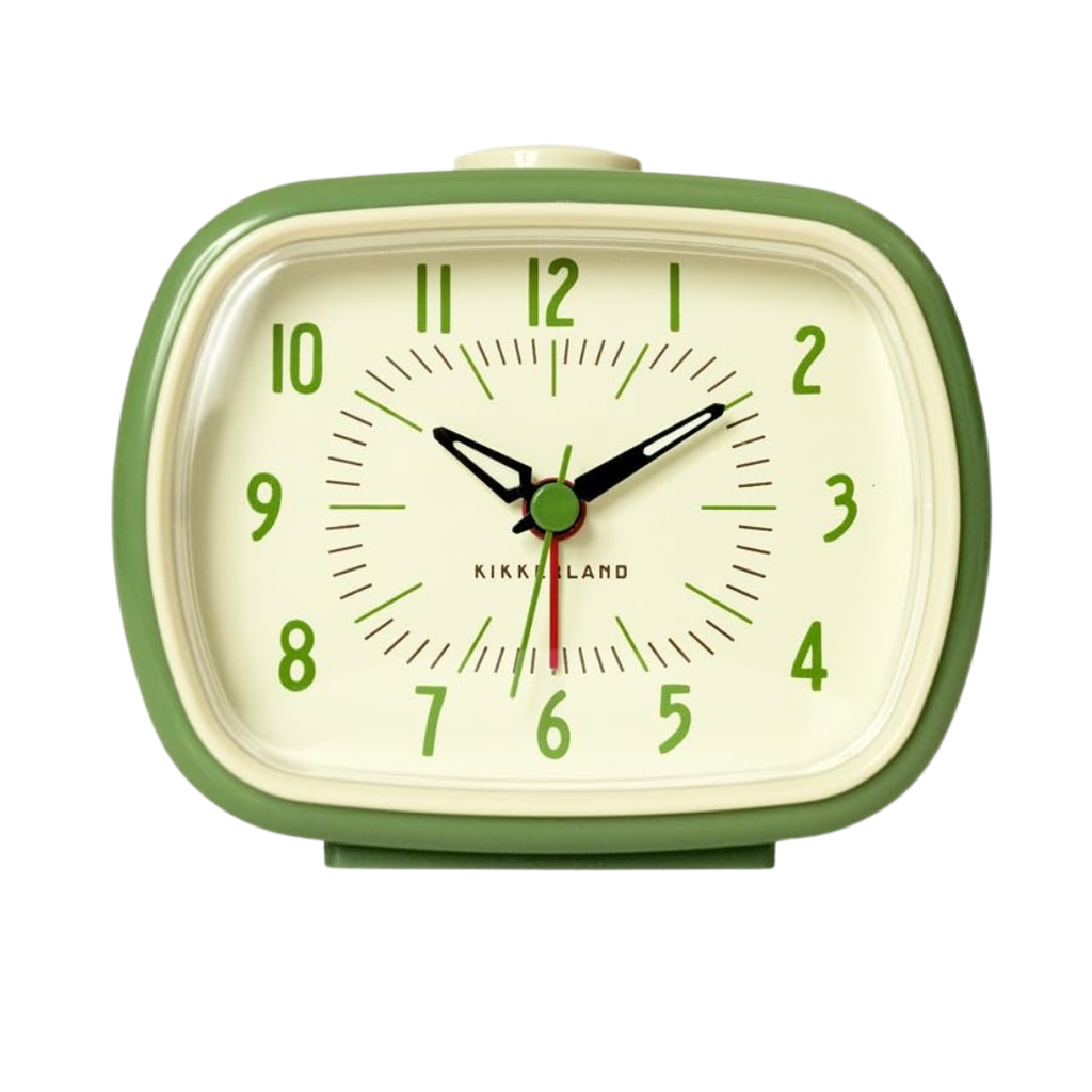 green vintage-style analog alarm clock