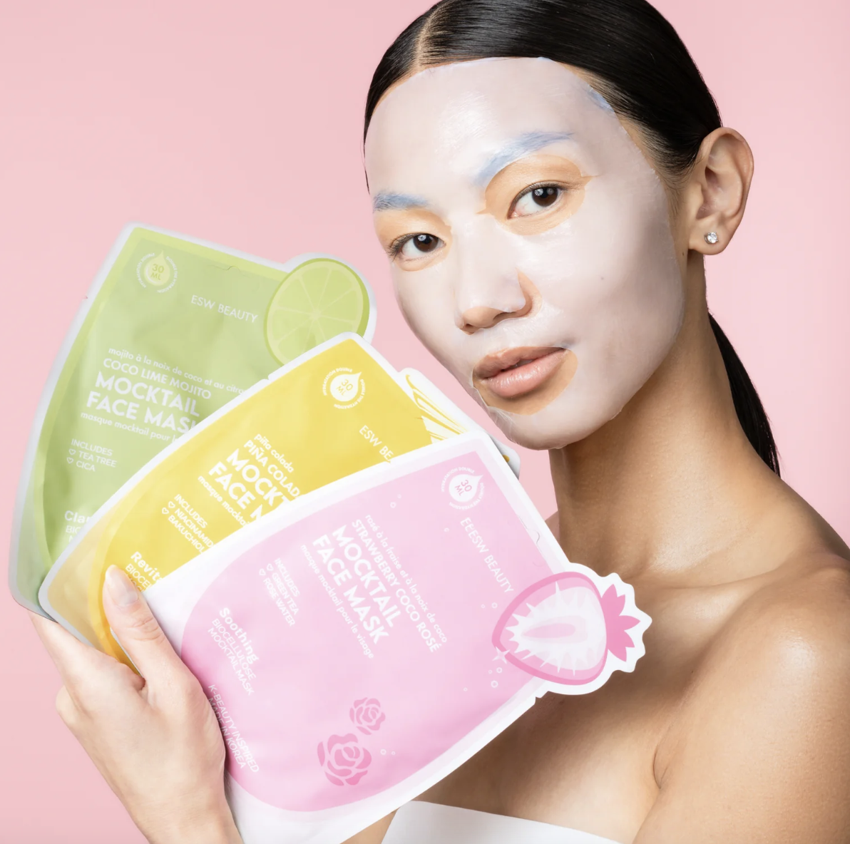 set of sheet face masks and woman wearing a sheet mask