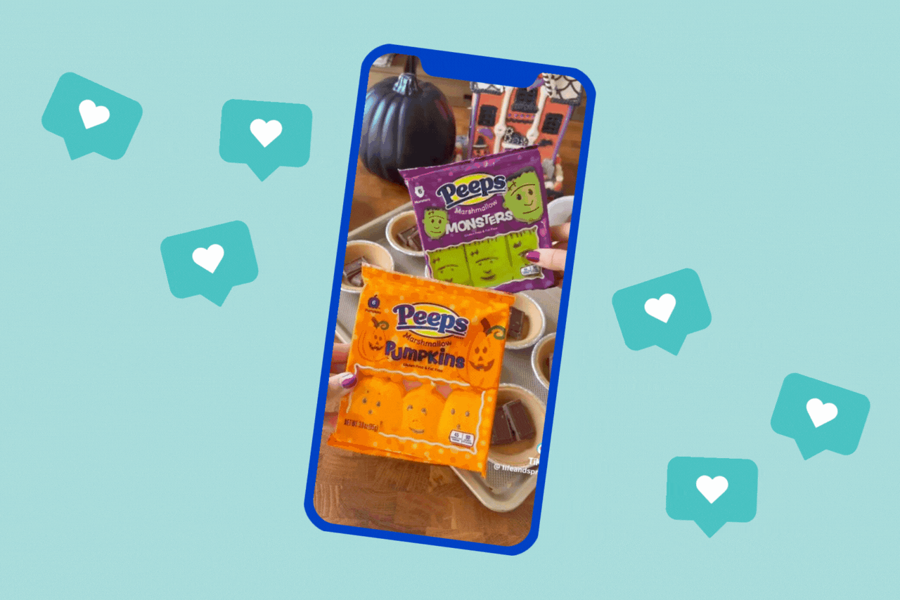 Gif of TikTok\'s @lifeandsprinkles Halloween Peeps S’mores Pies.