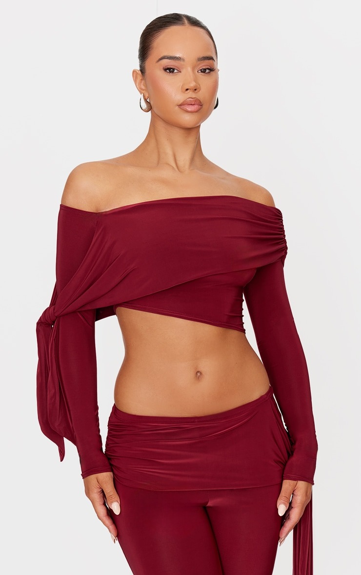 PrettyLittleThing Burgundy Slinky Off The Shoulder Long Sleeve Top