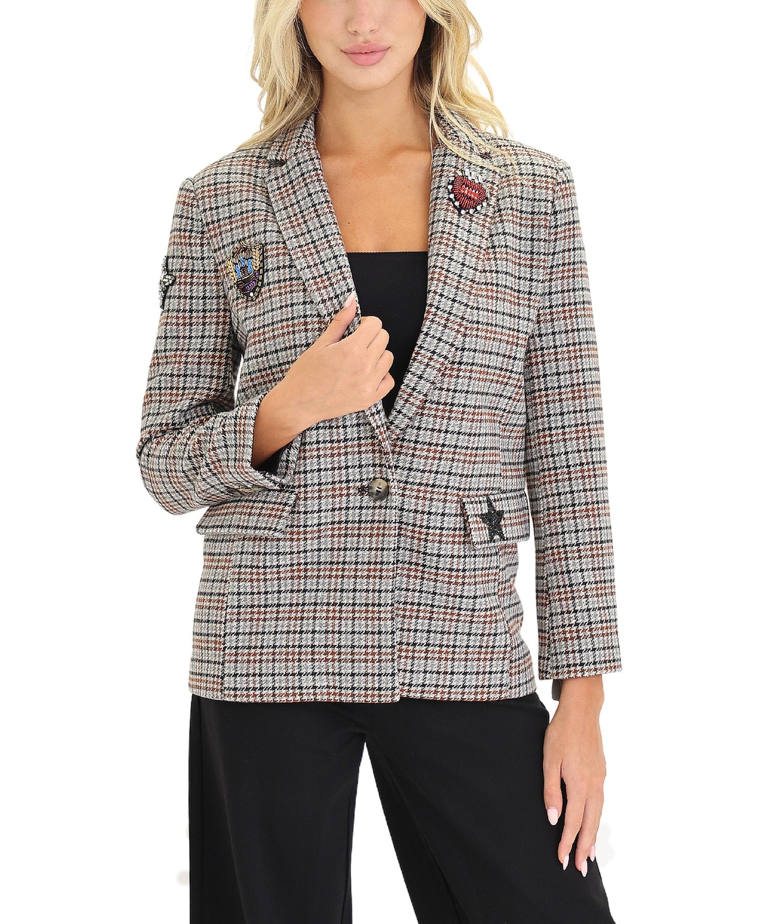 Fox’s Central Park West Plaid Blazer with Beaded Patches