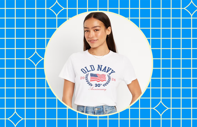 Woman wearing Old Navy\'s 30th Anniversary Flag shirt
