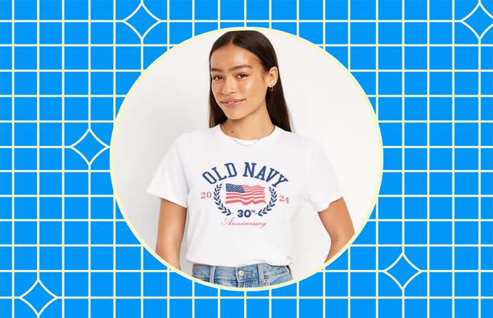 Woman wearing Old Navy\'s 30th Anniversary Flag shirt