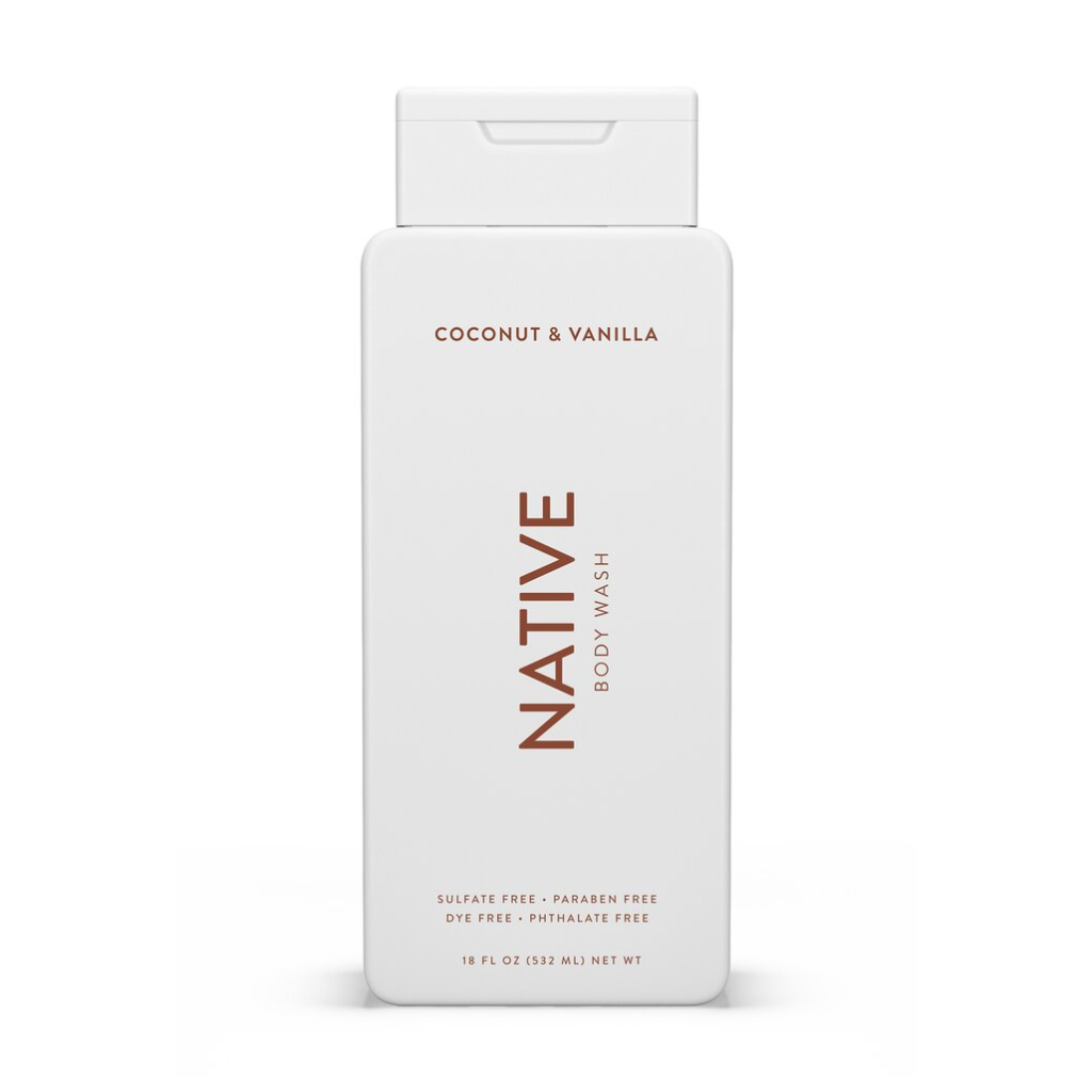 white bottle of body wash with brown lettering