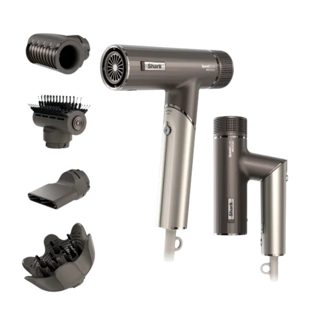 Two sleek, metallic hair dryers are shown with four interchangeable attachments: a diffuser, concentrator, round volumizing brush, and smoothing brush.