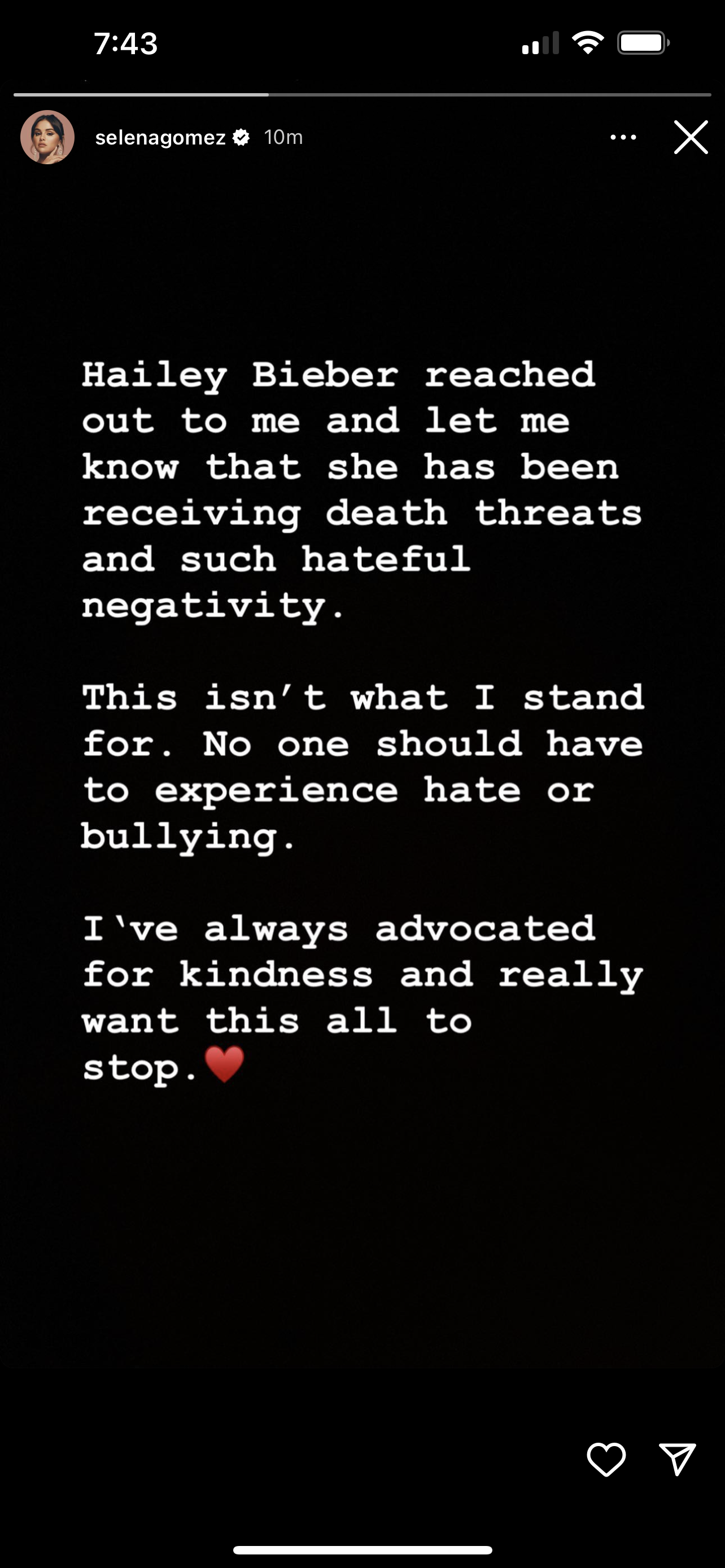 selena gomez instagram story defending hailey bieber