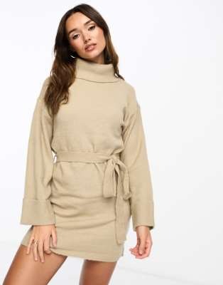 Vila Roll Neck Mini Sweater Dress With Tie Waist in Cream