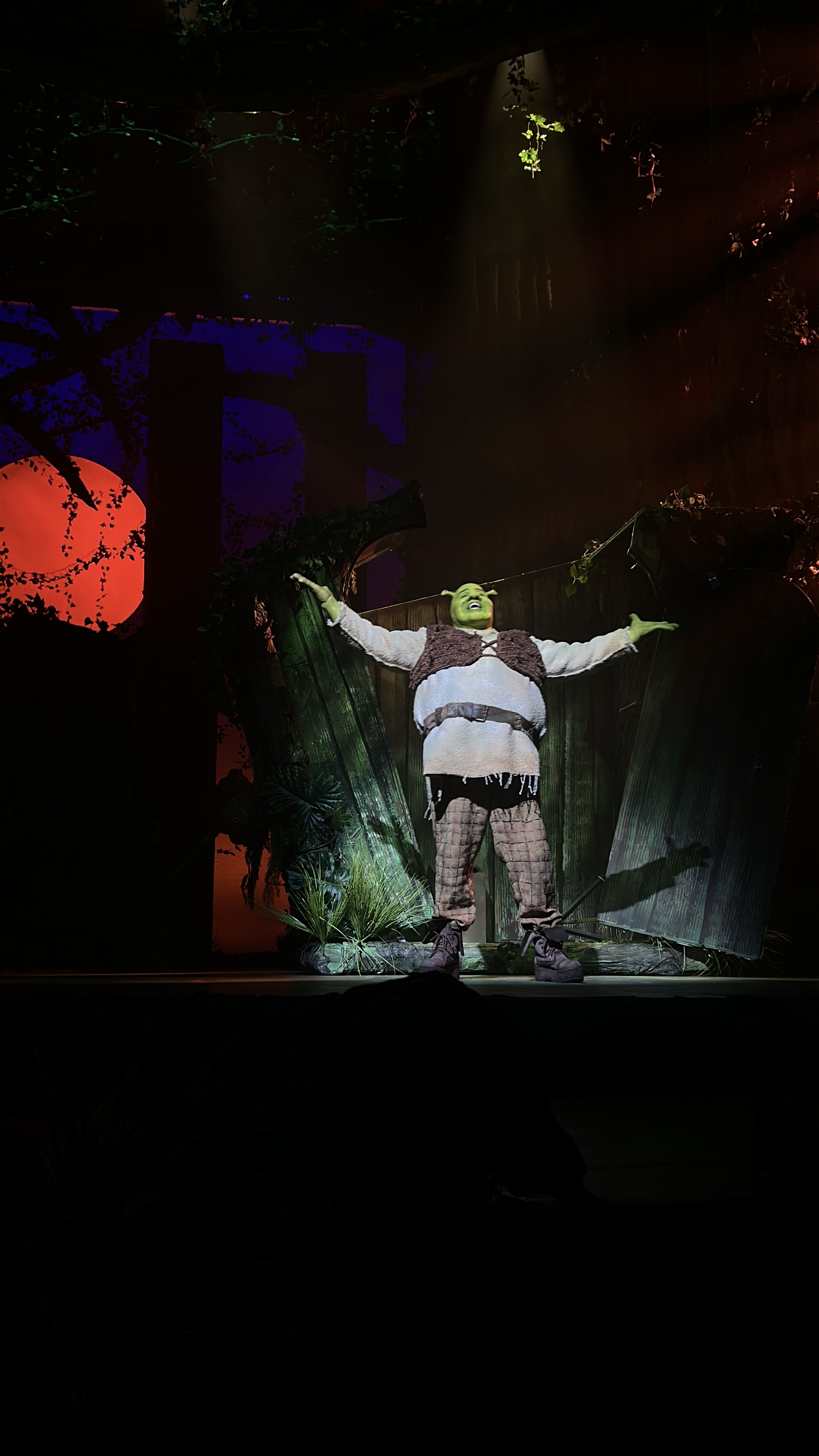 A photo of actor Tiago Abravanel, dressed as Shrek, performing one of the opening numbers of the musical