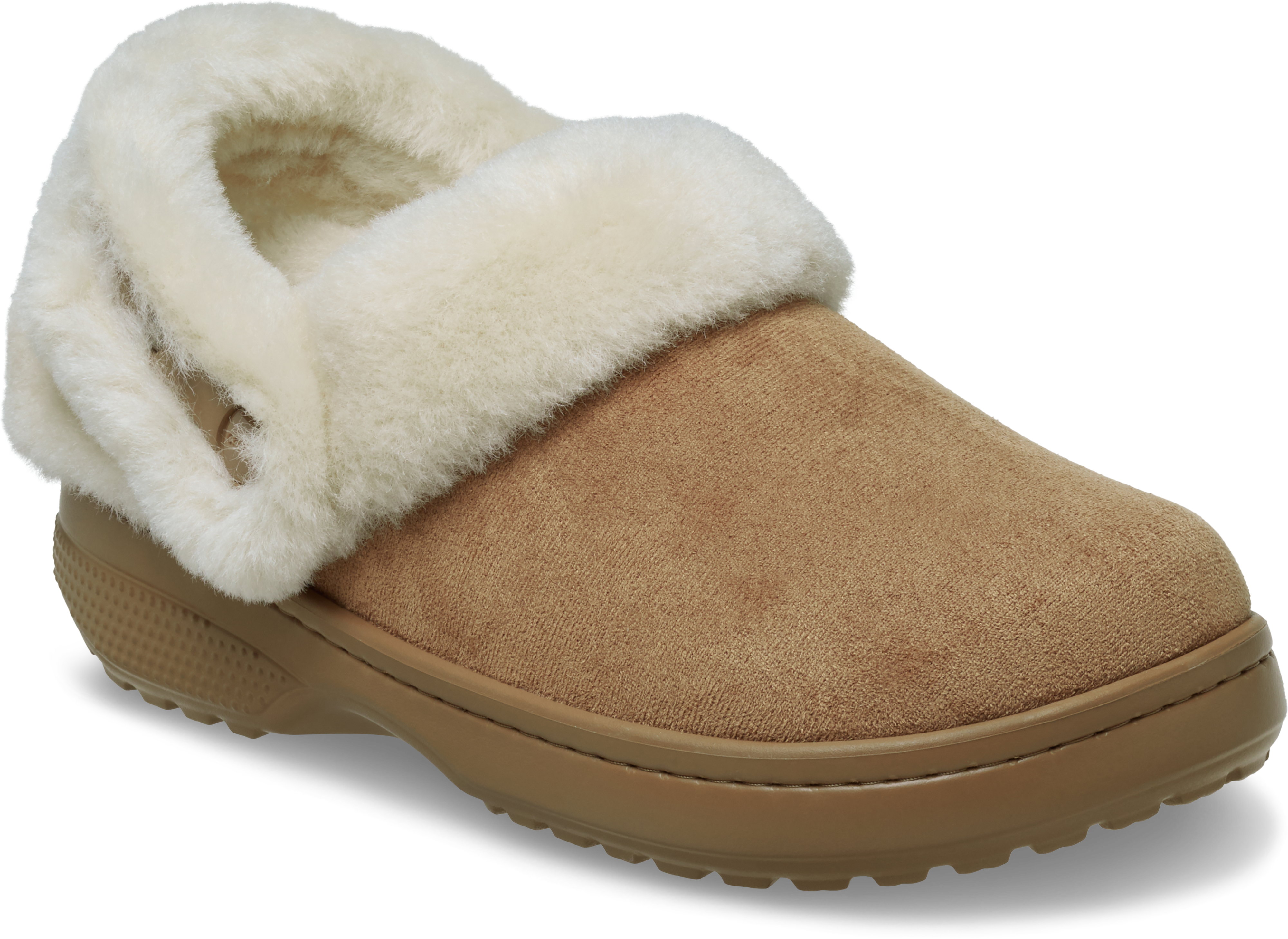 A tan suede clog slipper with a thick, plush white fleece collar and lining, shown against black; cozy, warm indoor footwear.
