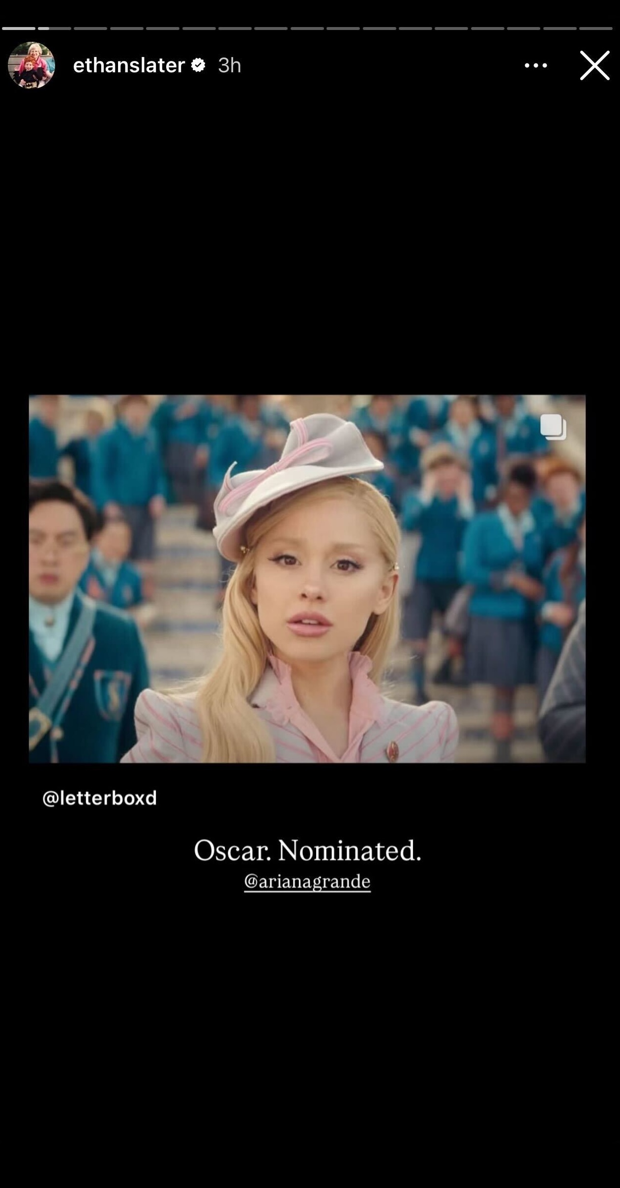 Ethan Slater Instagram Story post about Ariana Grande\'s 2025 Oscars nomination