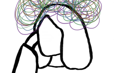 Woman thinking with a bunch of squiggles over her