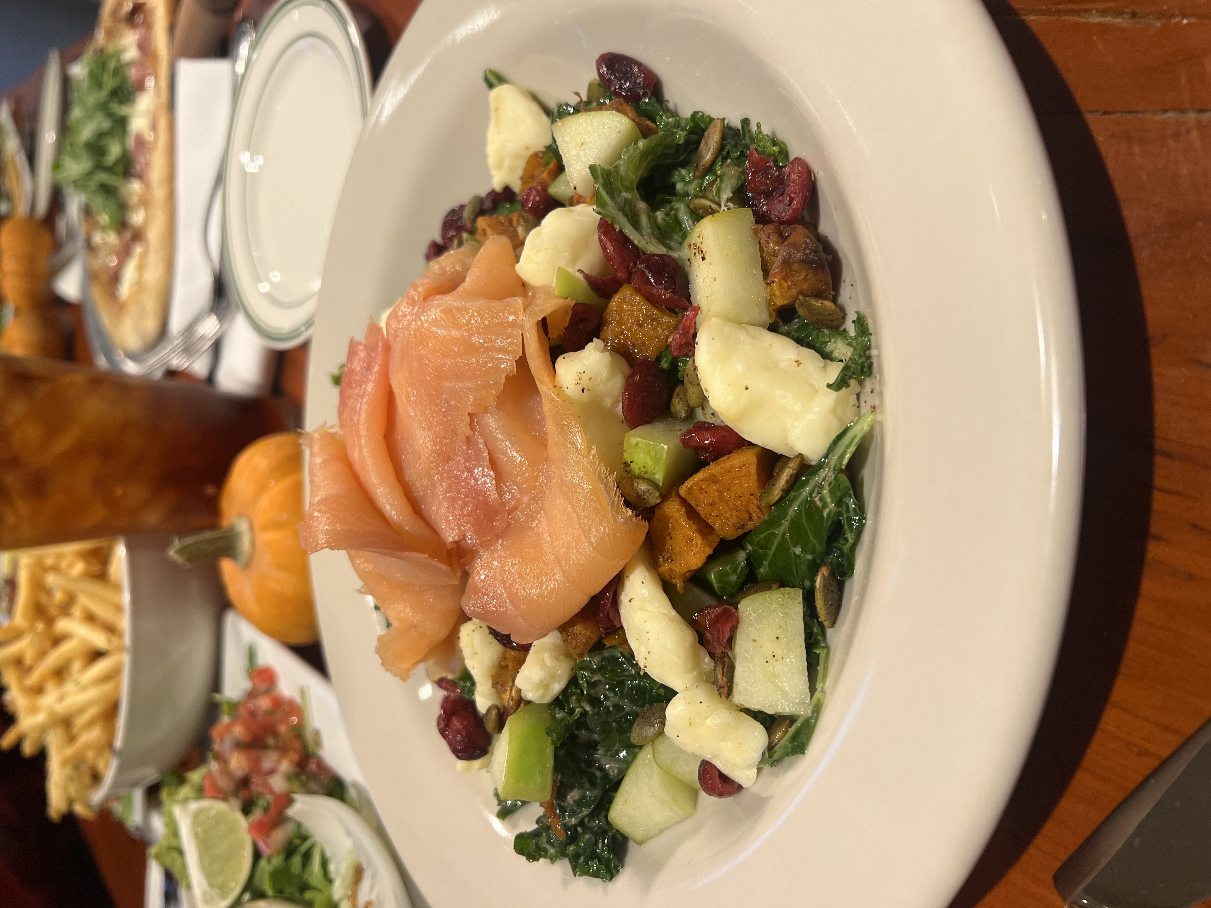 Salmon and kale salad with bits of cheese