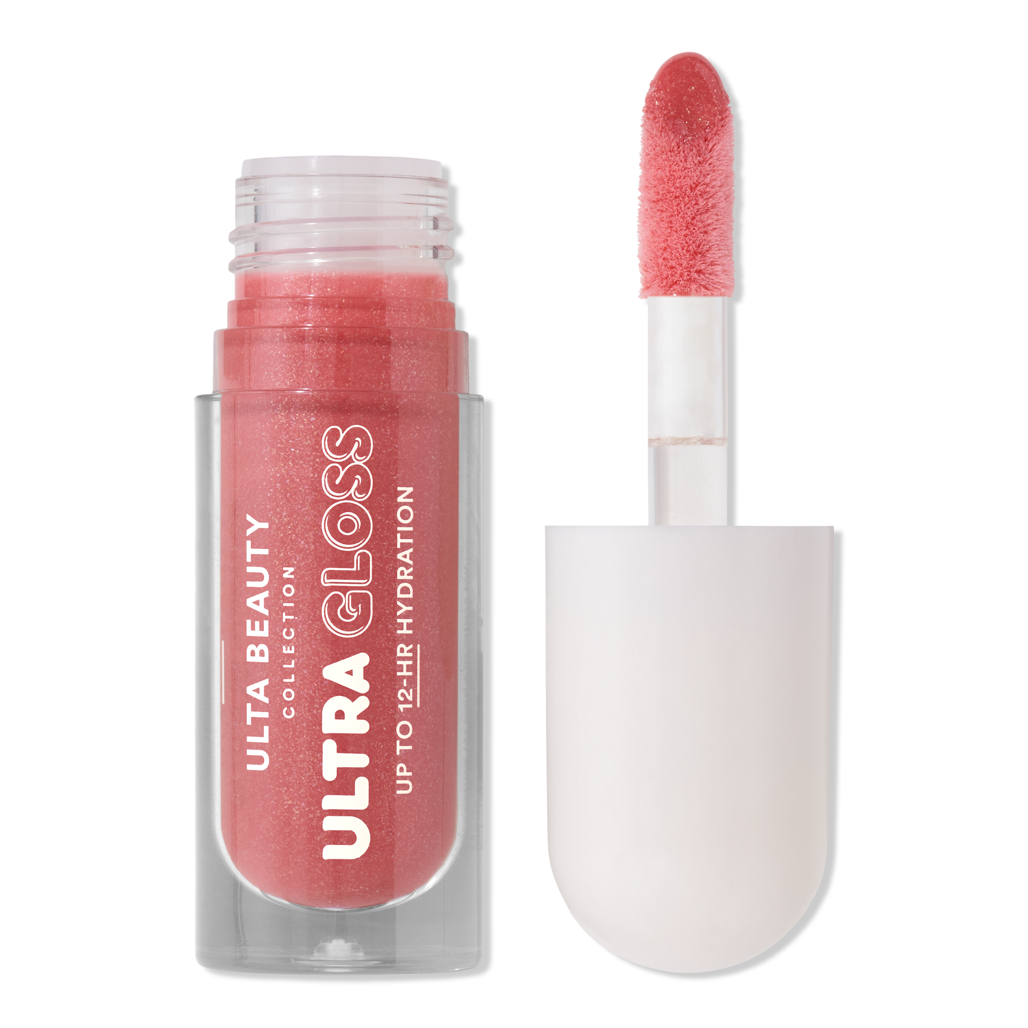 Open Ultra Beauty Ultra Gloss lip gloss in a rosy pink shade beside its applicator, isolated on black; the image feels sleek and polished.