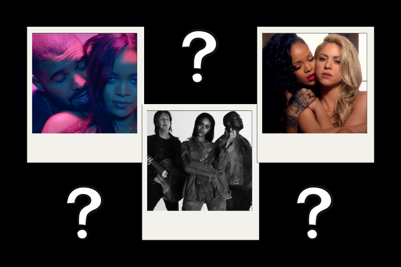 rihanna with drake, paul mccartney and kanye west, and shakira
