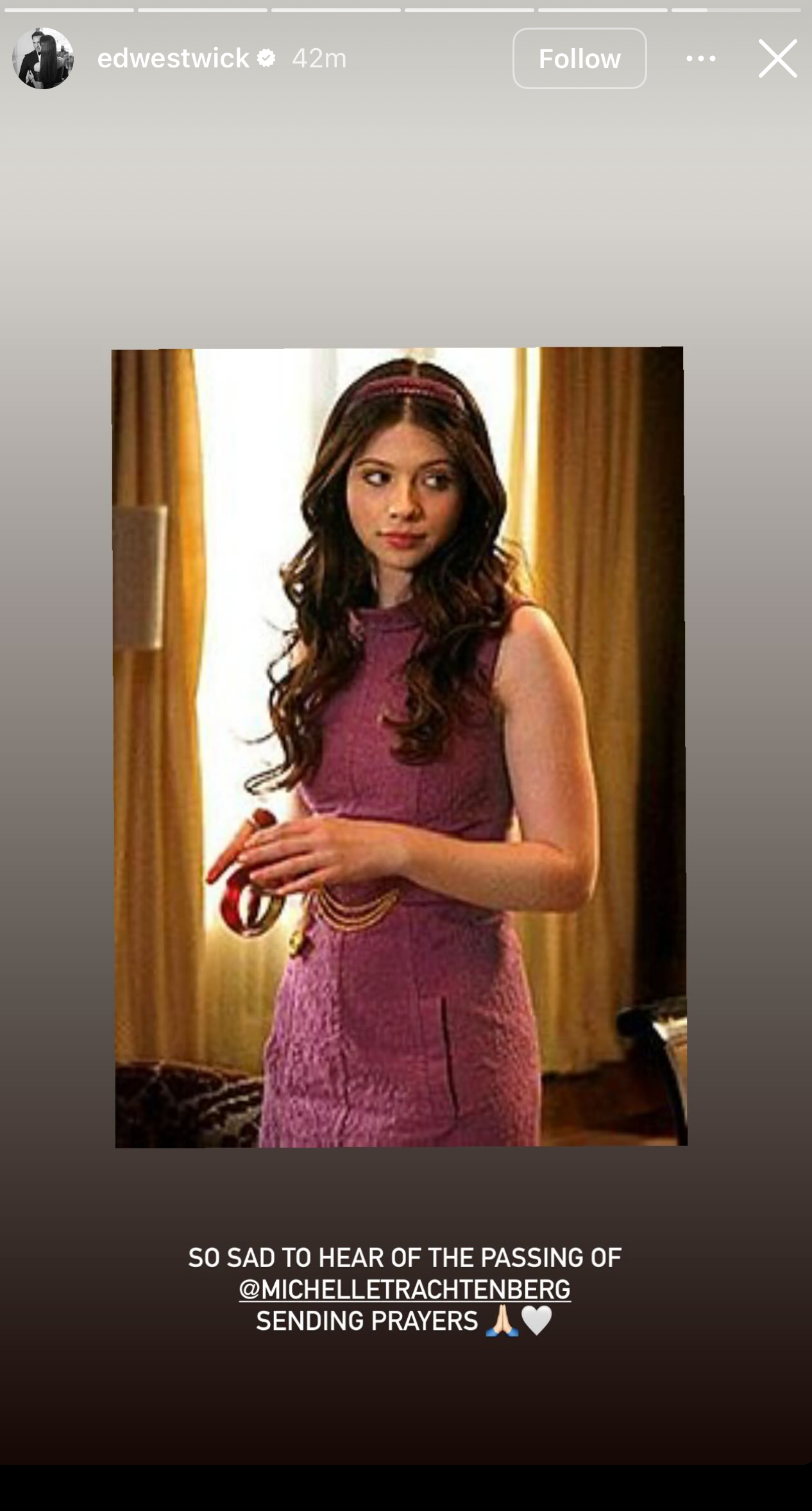 Ed Westwick\'s reaction to Michelle Trachtenberg\'s death on Instagram