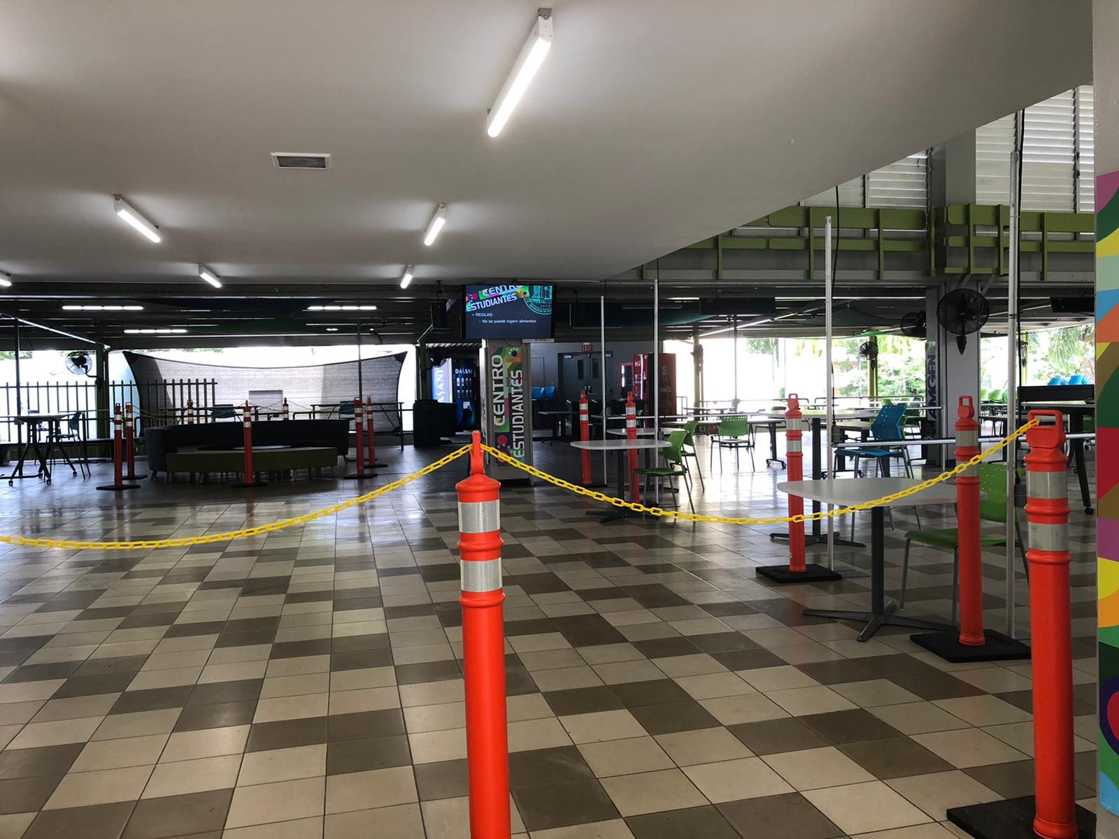 Closed off student center and cafeteria eating station