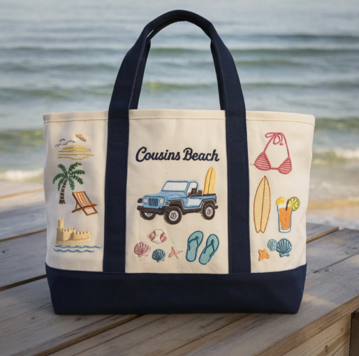 PixelandPaper003 Embroidered Cousins Beach Tote Bag