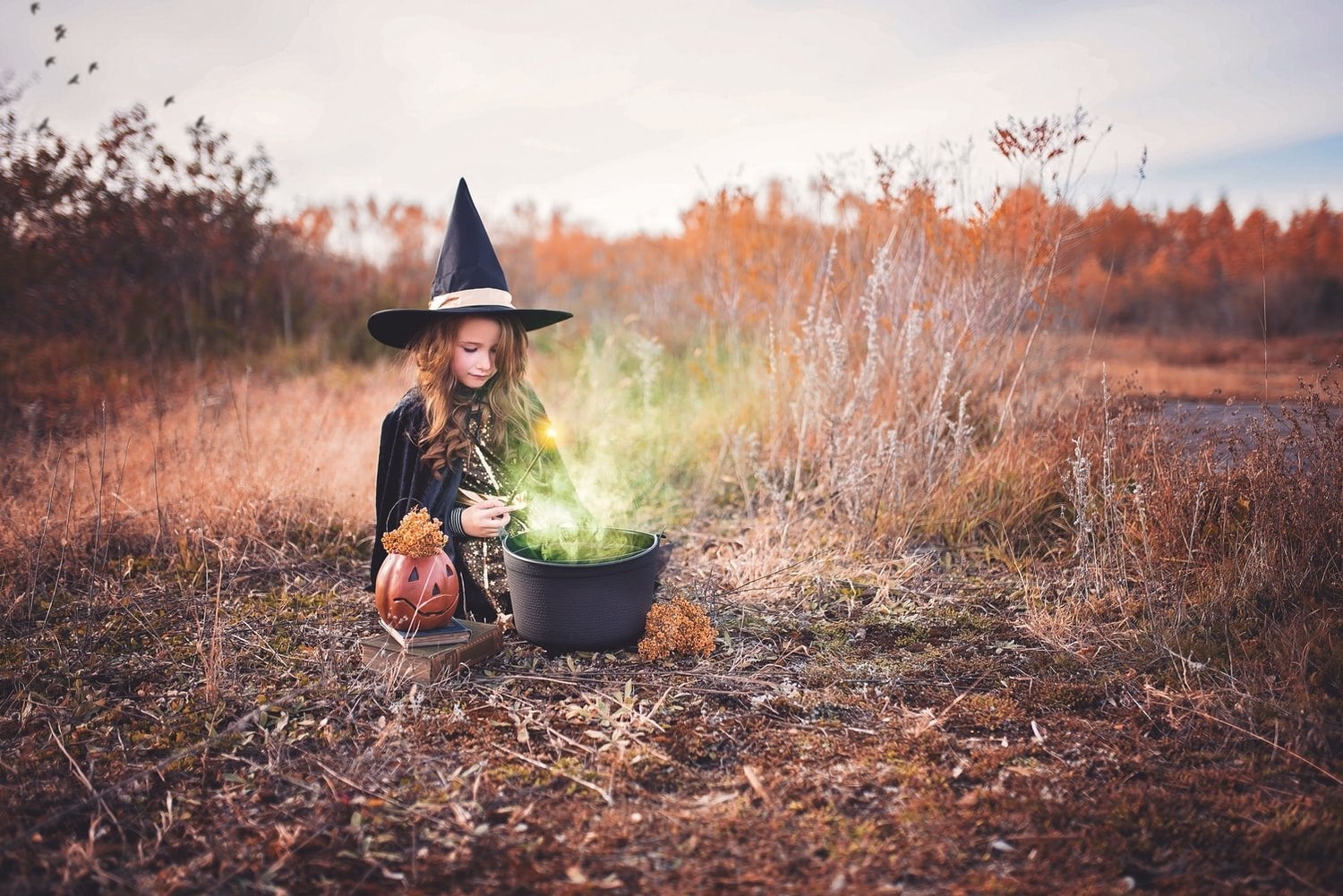 girl in witch\'s costume in field photoshoot