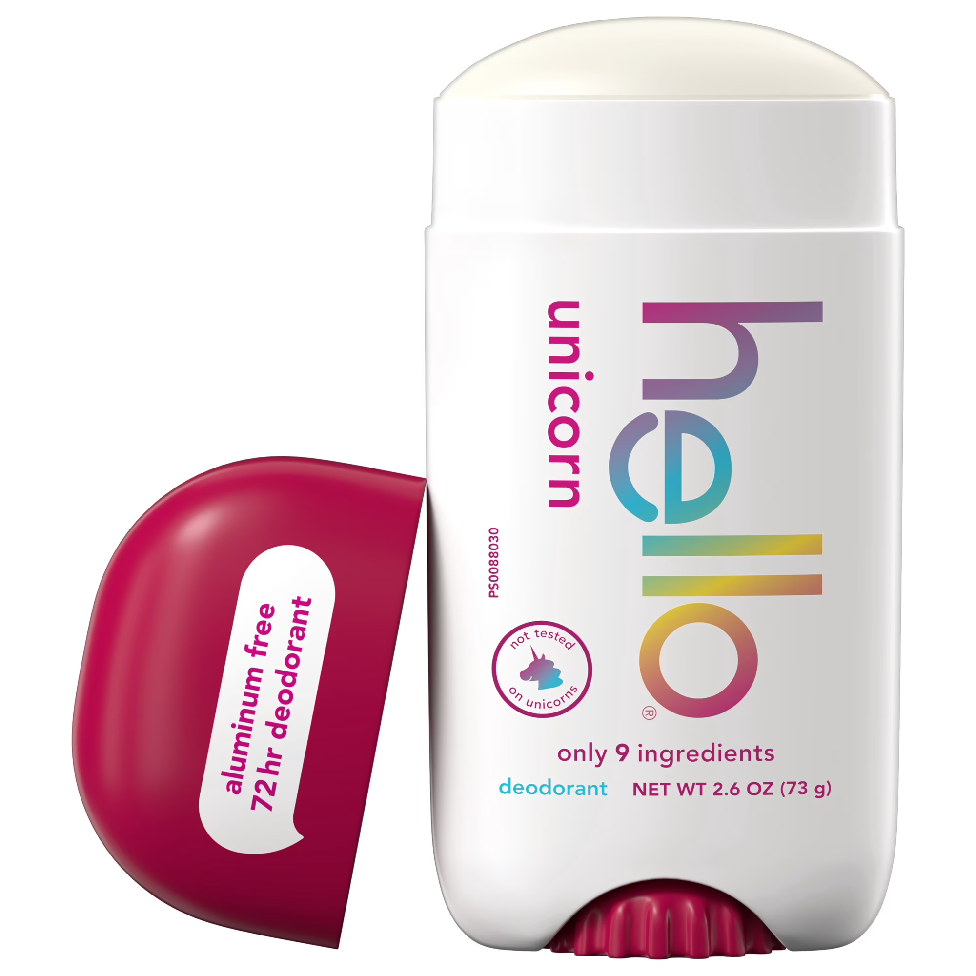 White and burgundy Hello Unicorn deodorant stick with colorful logo and “aluminum-free 72 hr deodorant” label, presented as a clean product.