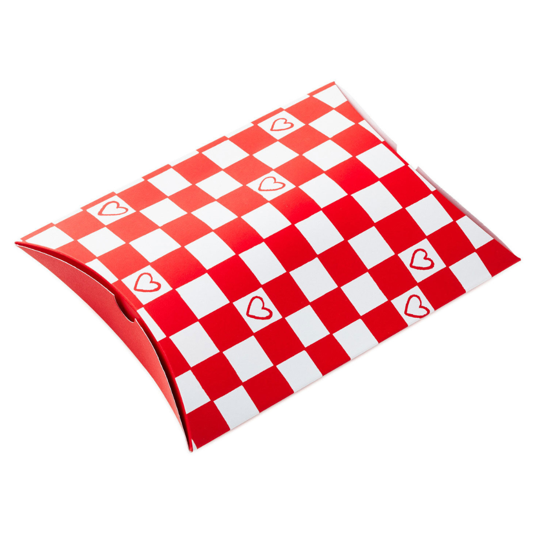 red and white checkered gift box with heart illustrations