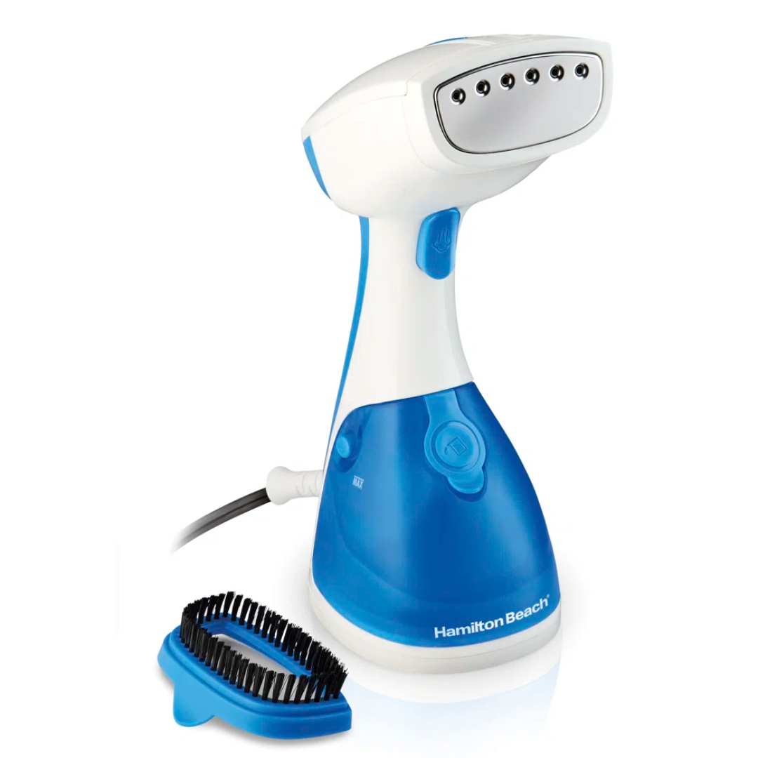 blue and white steamer with brush attachment