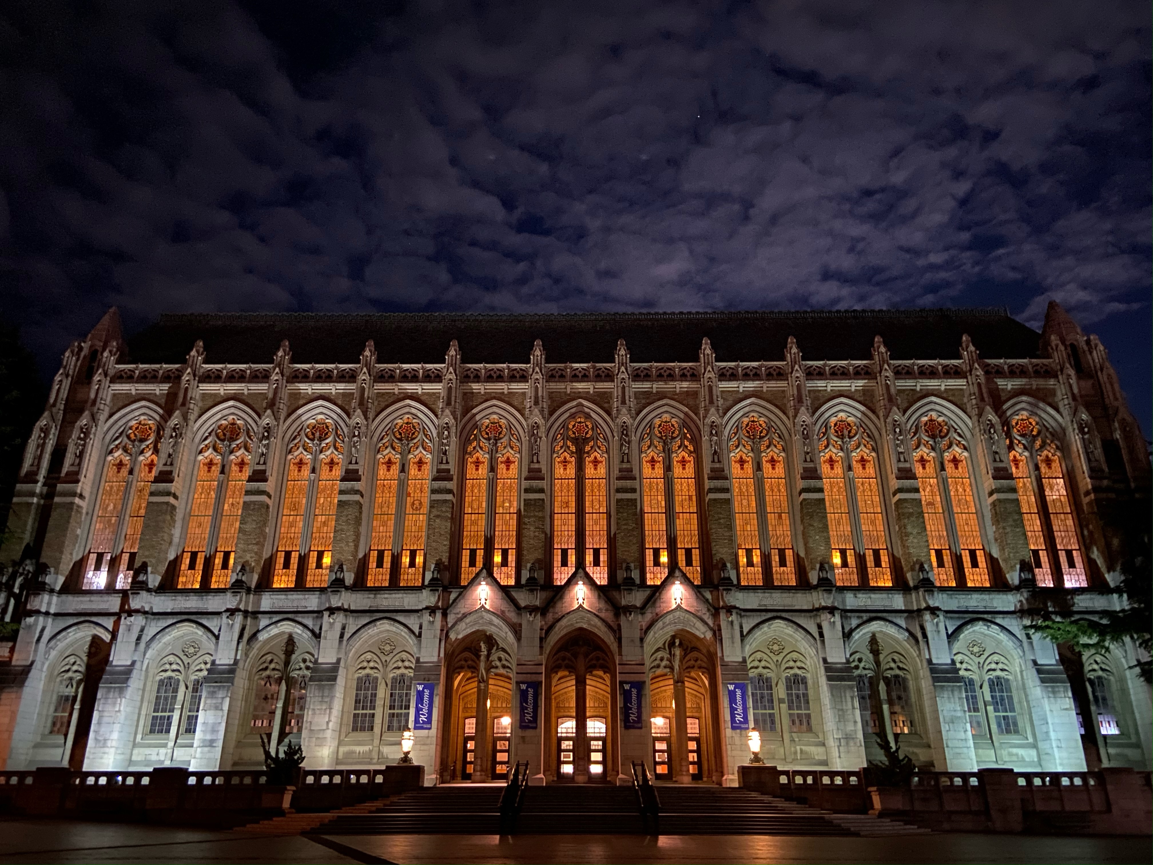 Suzzallo Library at night at the University of Washington.