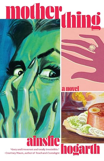 Split images of a hand, food, and a woman covering her mouth