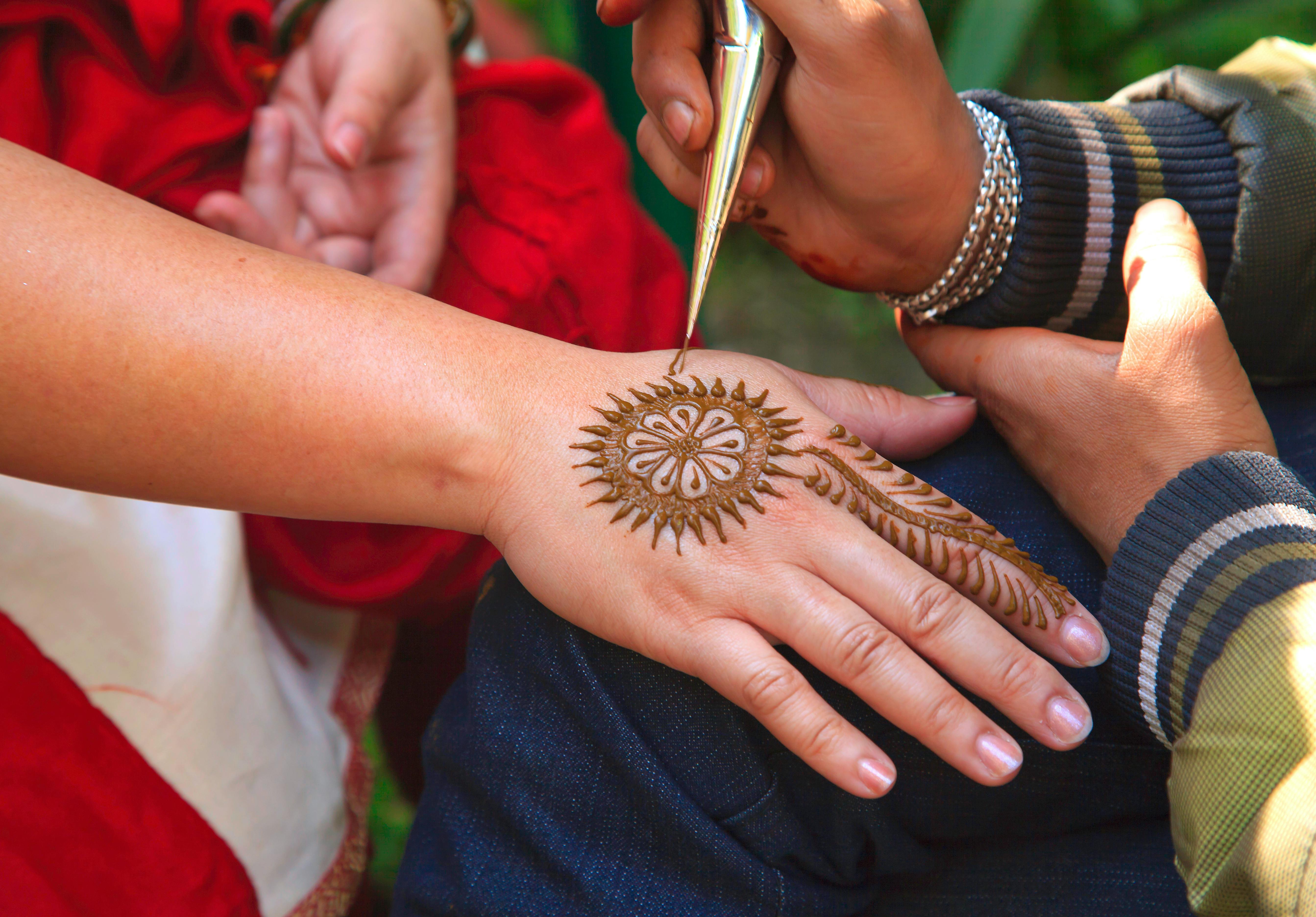 Applying henna/mendhi to hand