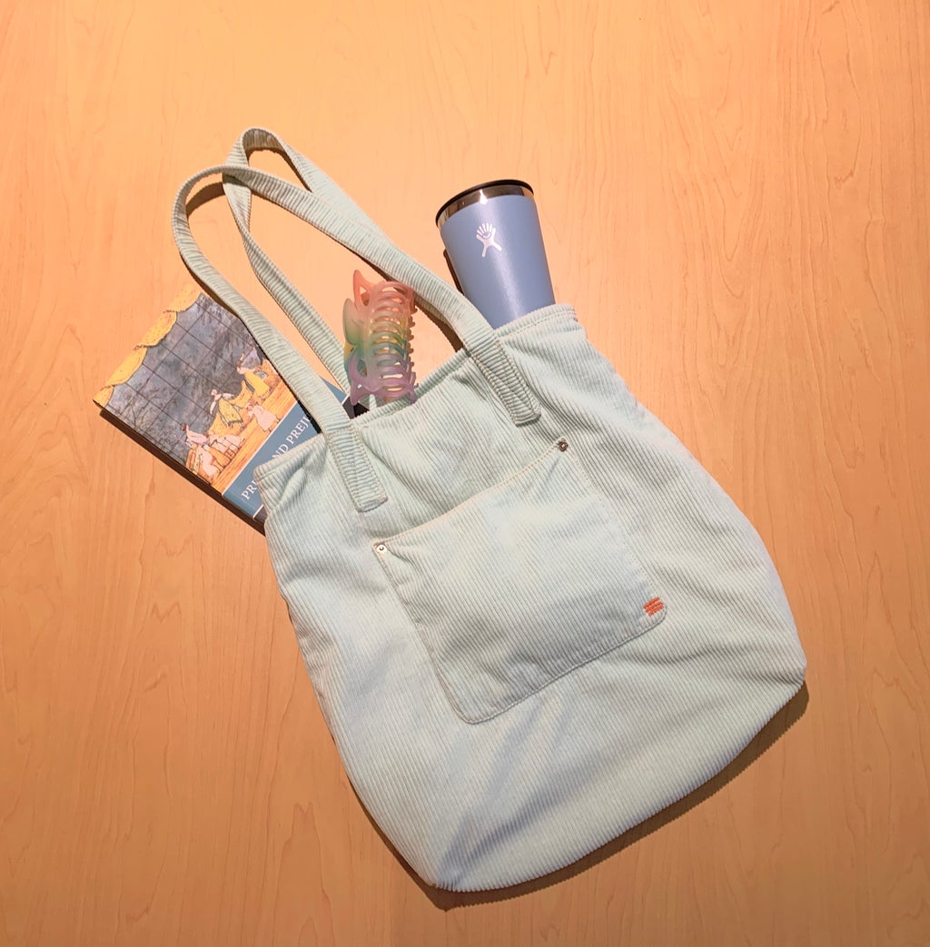 A bird\'s eye view pic of a blue tote bag with a water bottle, claw clip and book.