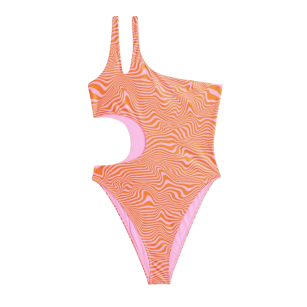 coral and pink one piece bathing suit with cutout, one shoulder, and swirling pattern