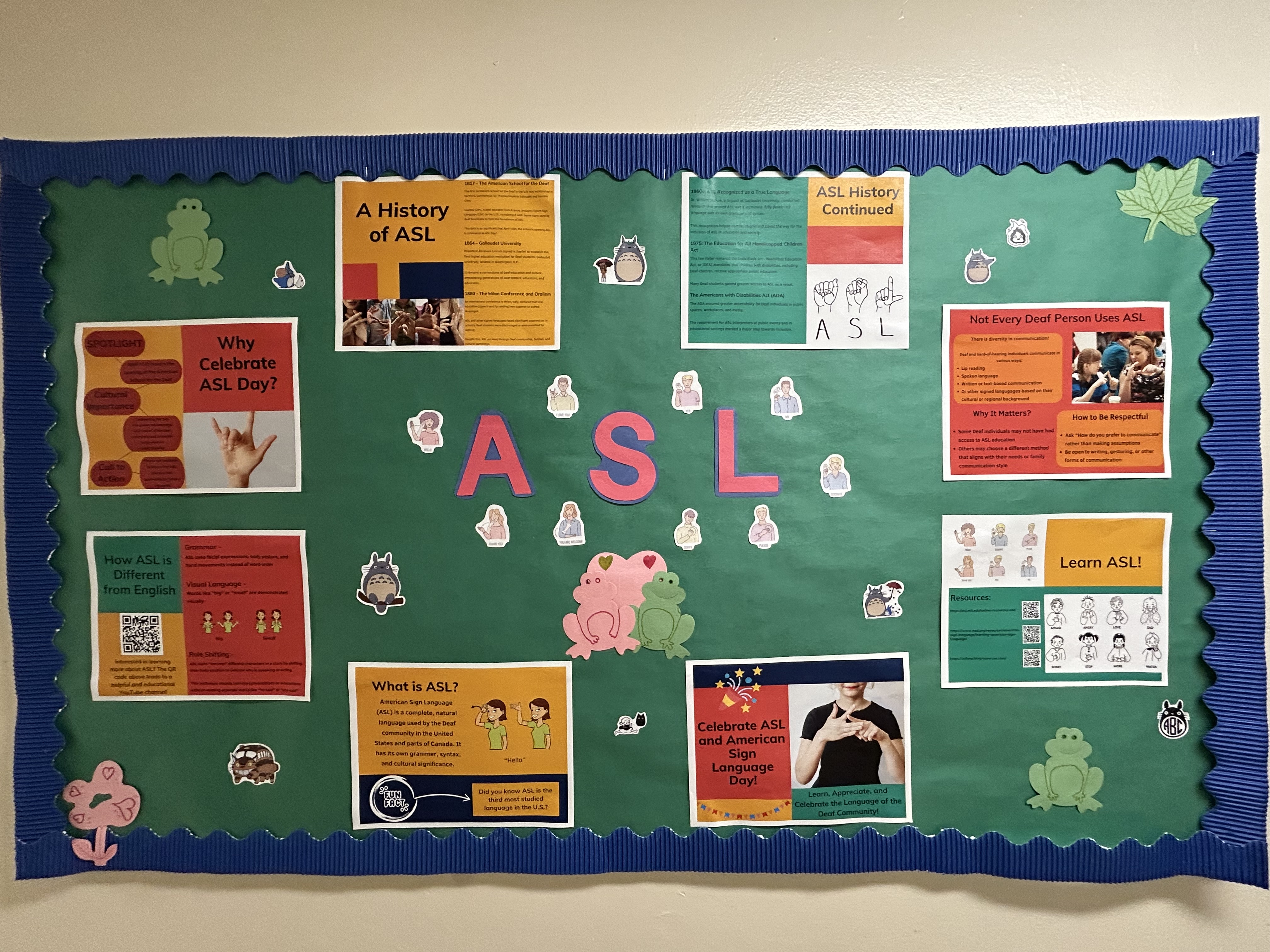 american sign language board with information and decorations