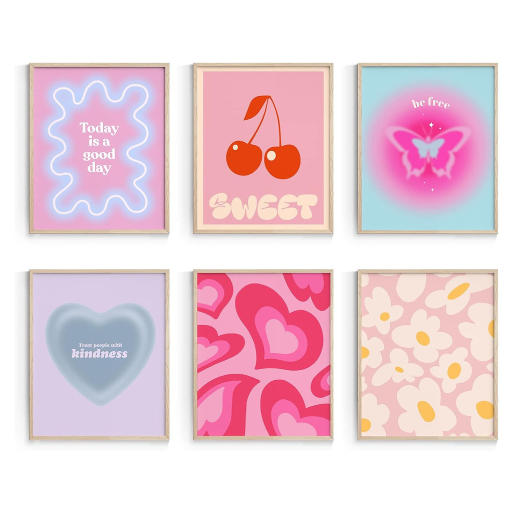 set of six pastel wall art prints with various designs