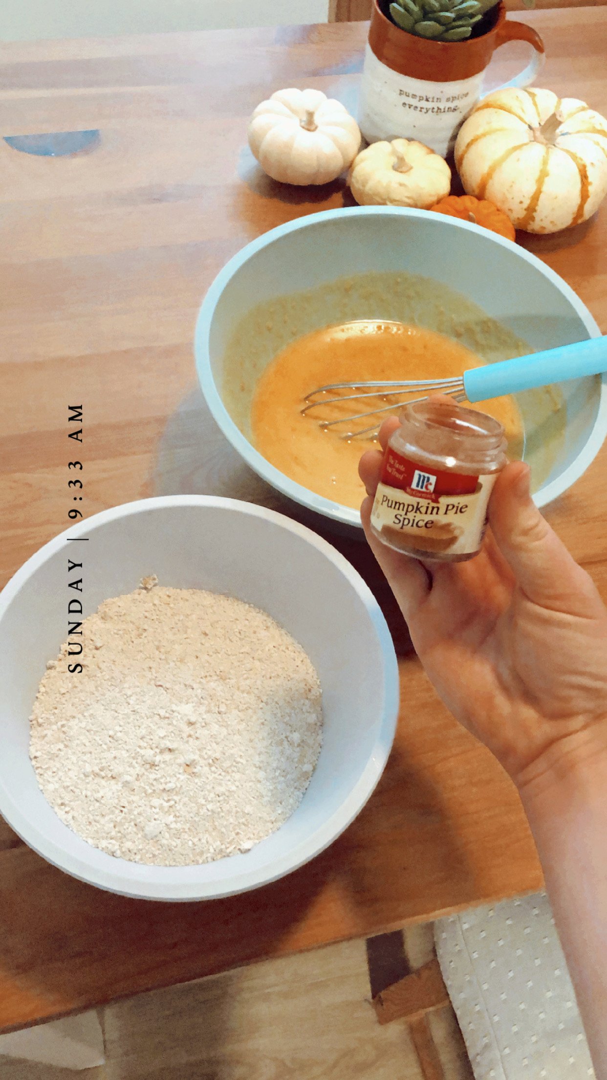 Pumpkin spice next to pancake batter