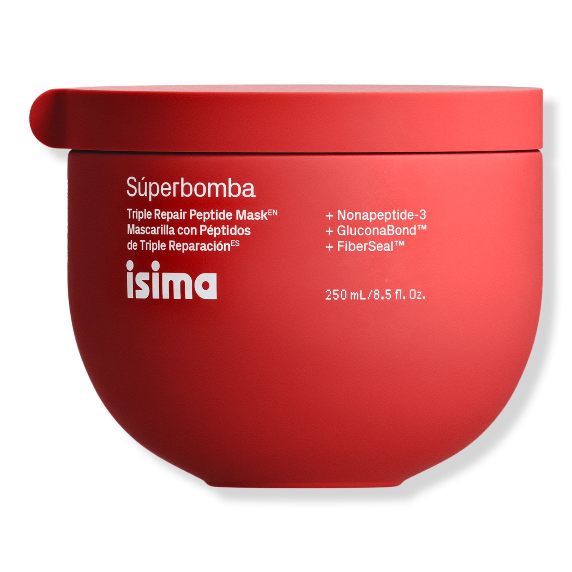 A bright red Isima Súperbomba hair mask jar on a black background, labeled Triple Repair Peptide Mask and listing peptides and fiber seal; bold, sleek product presentation.