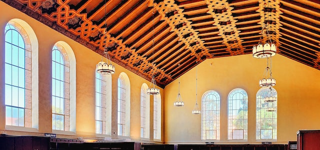 Big windows and ceiling of Powell Library at UCLA.