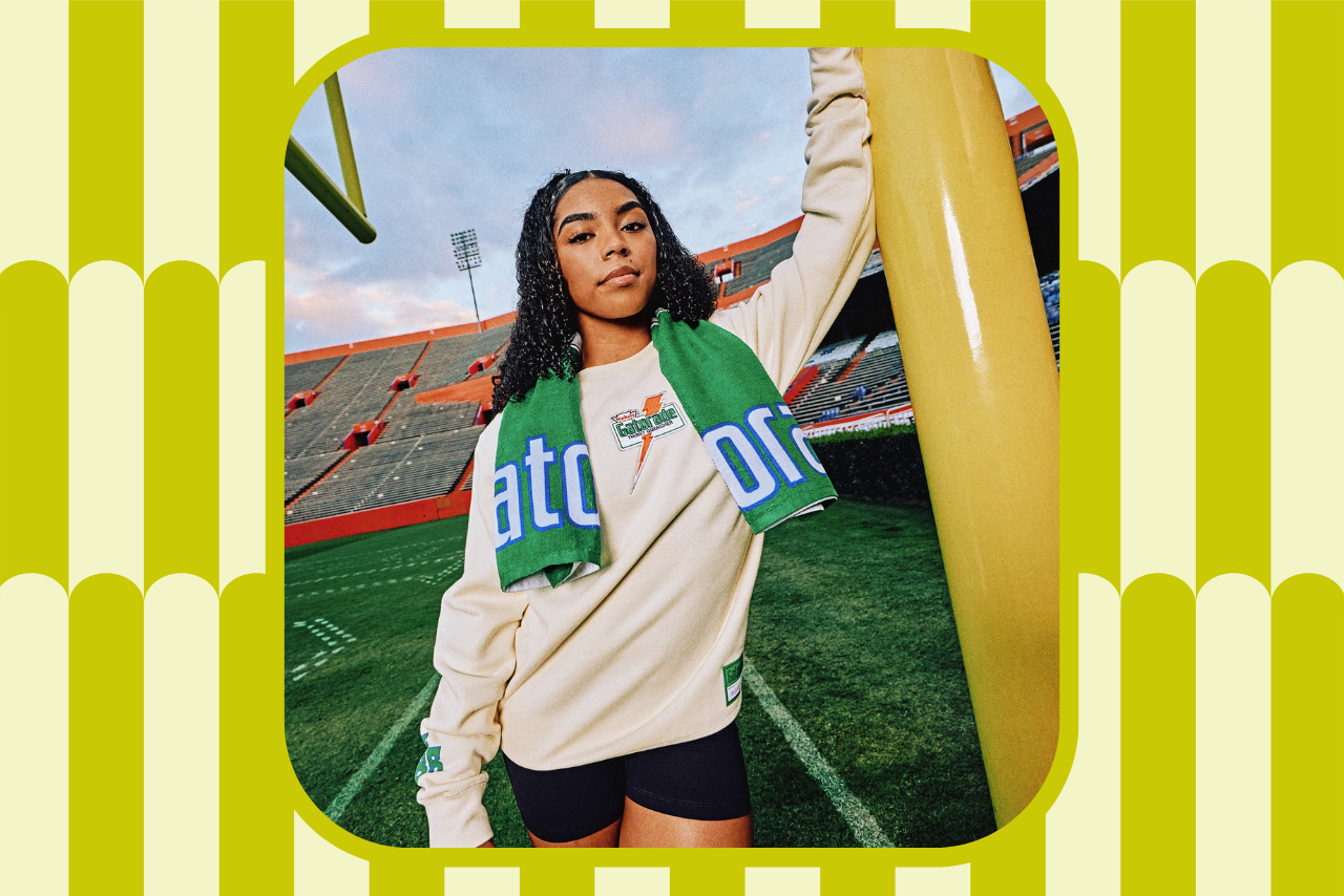 model wearing new Gatorade x Mitchell & Ness merch collection