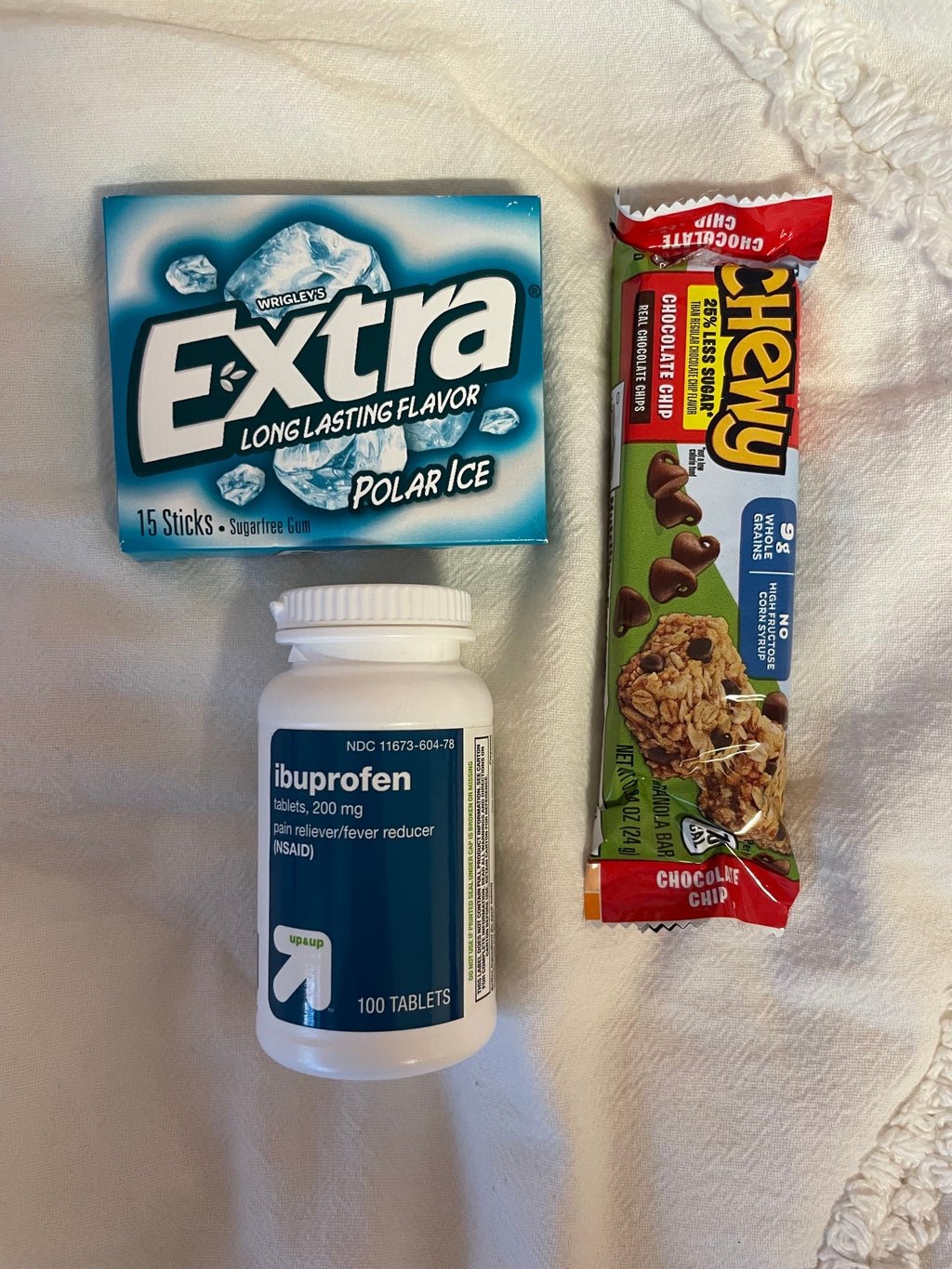 granola bar, gum and ibuprofen