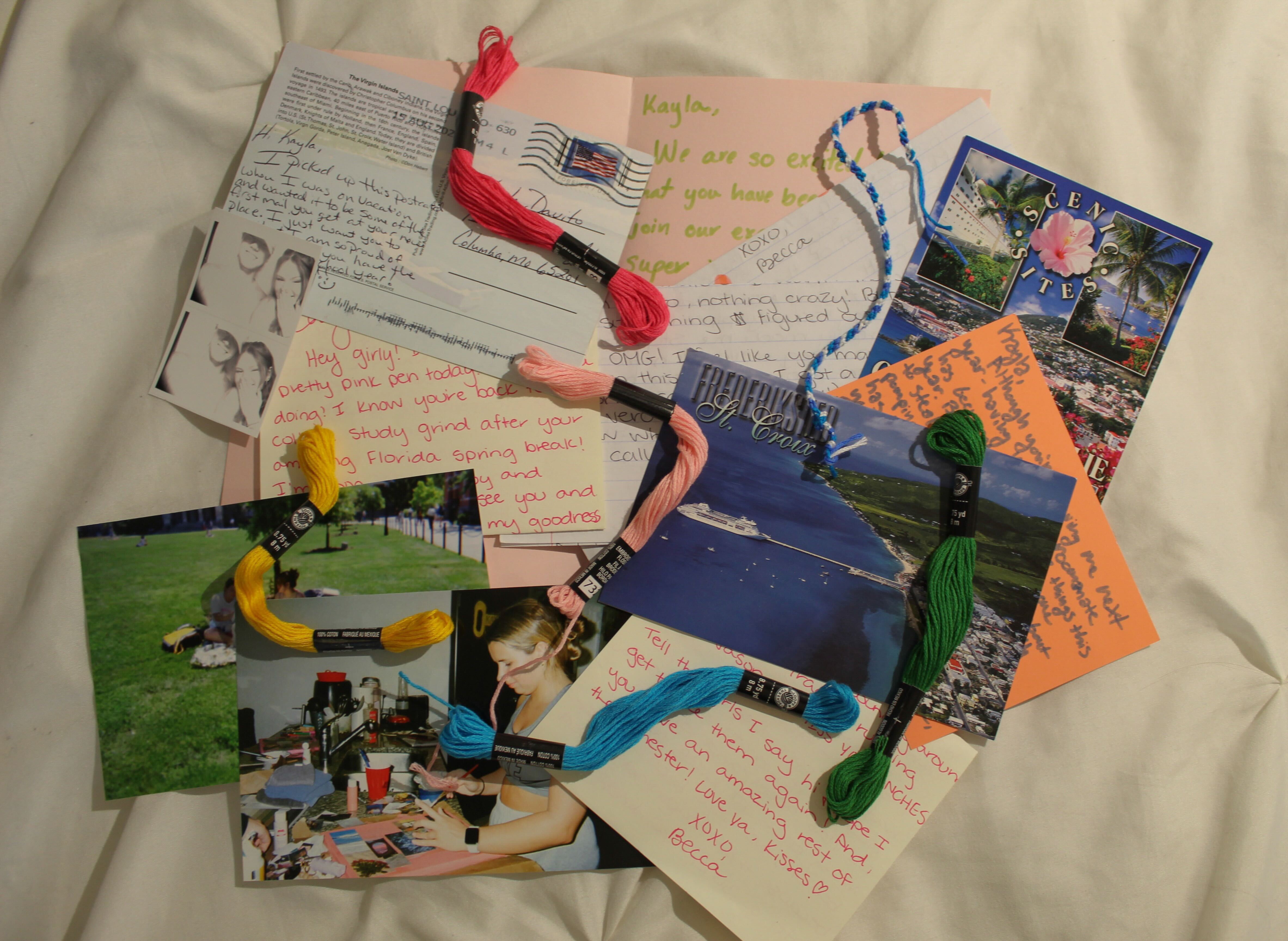 Friendship bracelet string and postcards