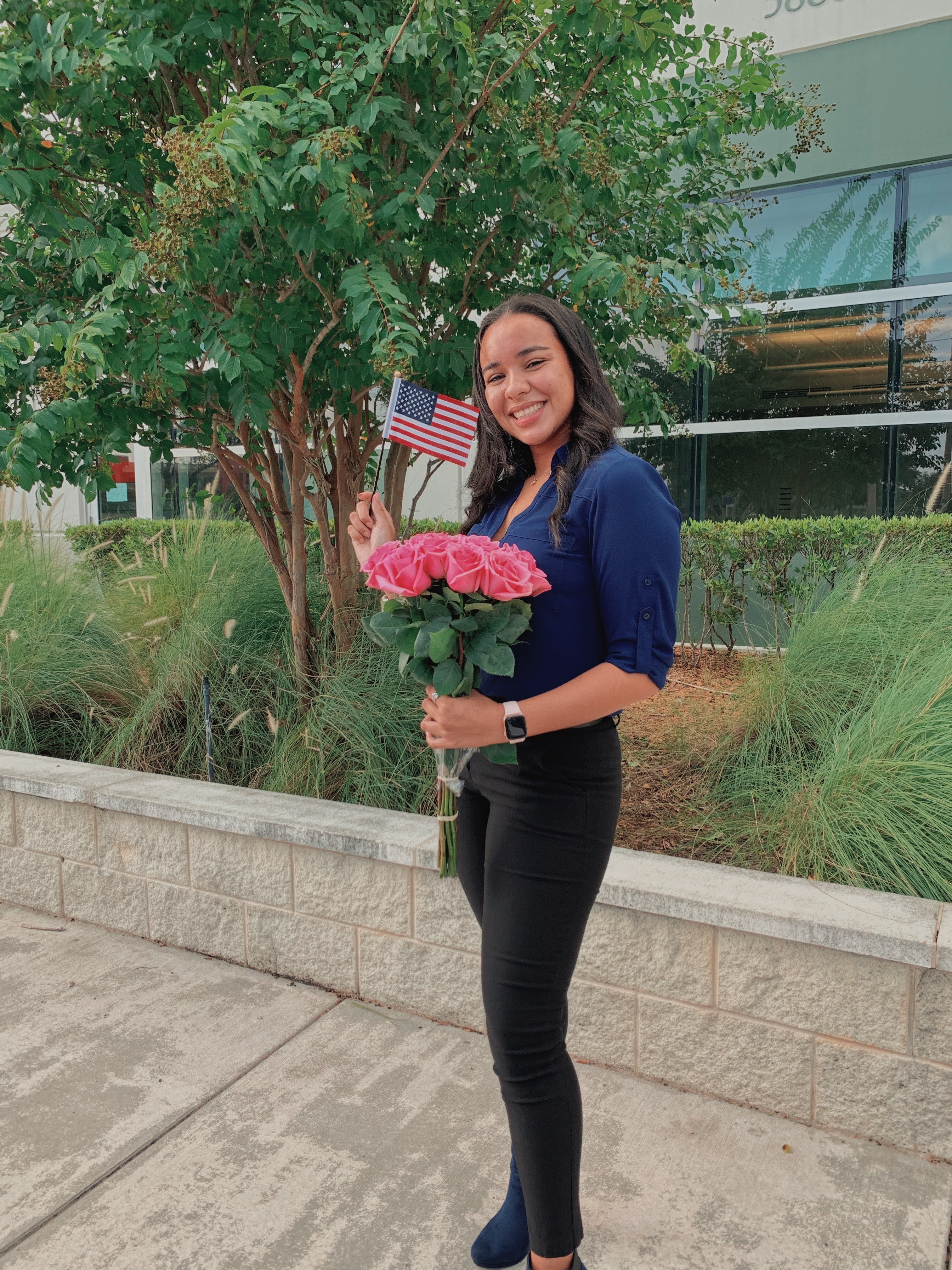 Holding American flag