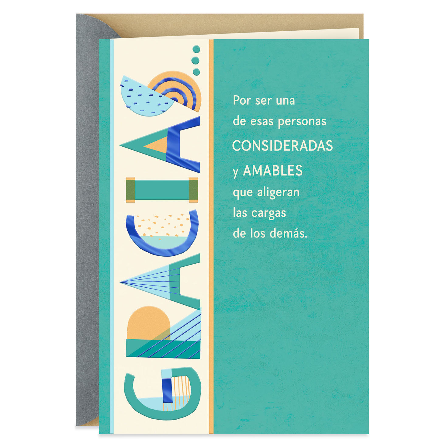 Colorful thank you card featuring abstract designs and Spanish text praising kindness. Vibrant teal and gold tones create a warm, appreciative tone.
